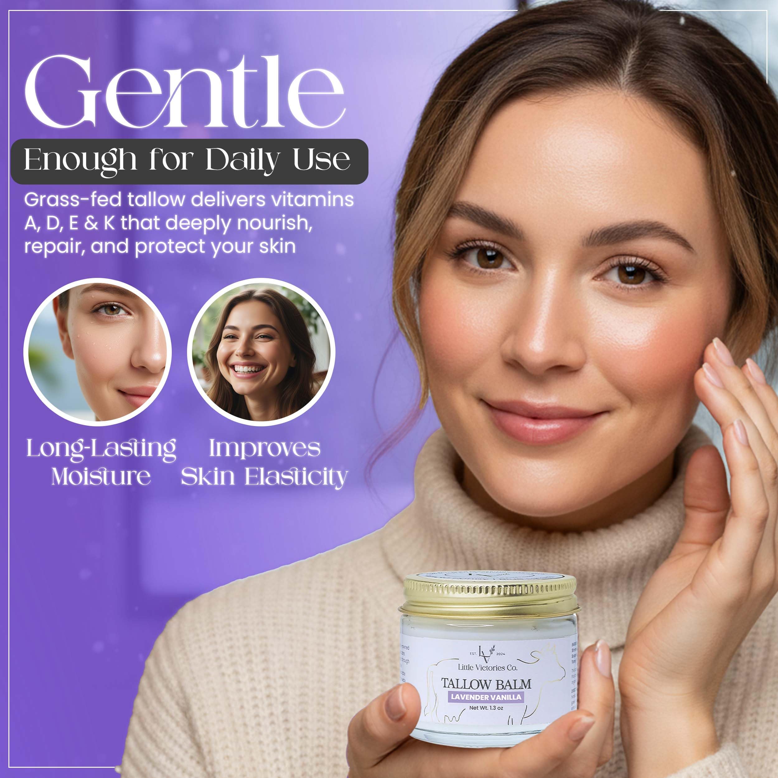 Little Victories Co. 2.0 fl oz Grass-Fed Beef Tallow & Honey Balm – Lavender Vanilla Skin Moisturizer