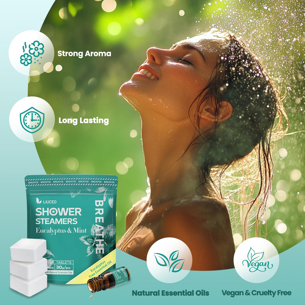 LIUCED 14+1 Shower Steamers Aromatherapy Pack – Eucalyptus & Mint, 5ml Eucalyptus Oil, Gifts for Her