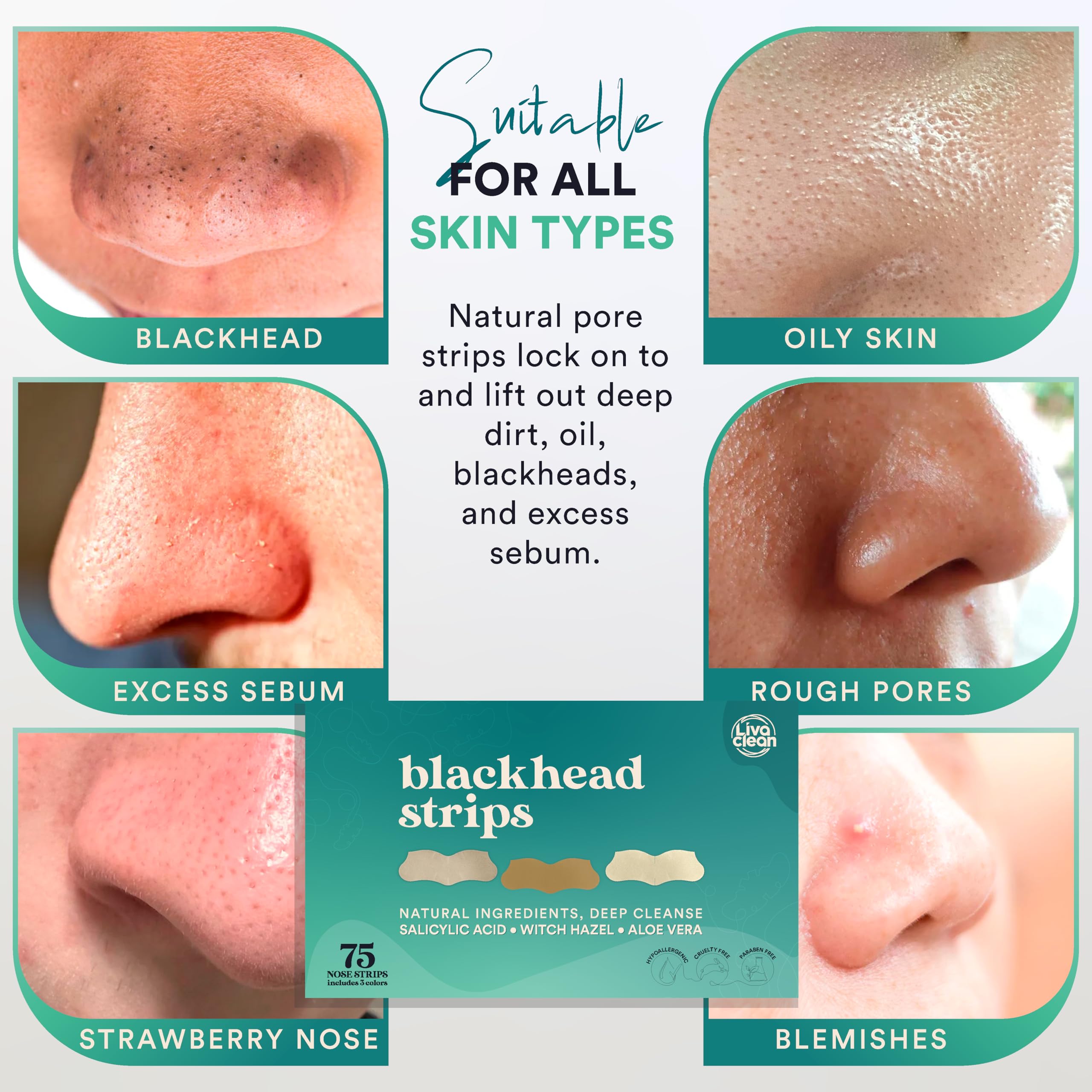 LivaClean 75 CT Pore Strips with Salicylic Acid, Witch Hazel & Aloe Vera – Blackhead Remover for Nose Pores
