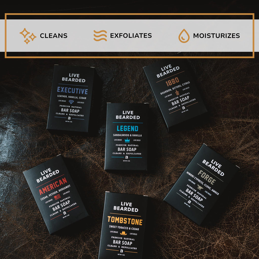 Live Bearded All-Natural Bar Soap for Men - Tombstone Scent, Charcoal & Pumice, 6 x 5 oz, USA Made