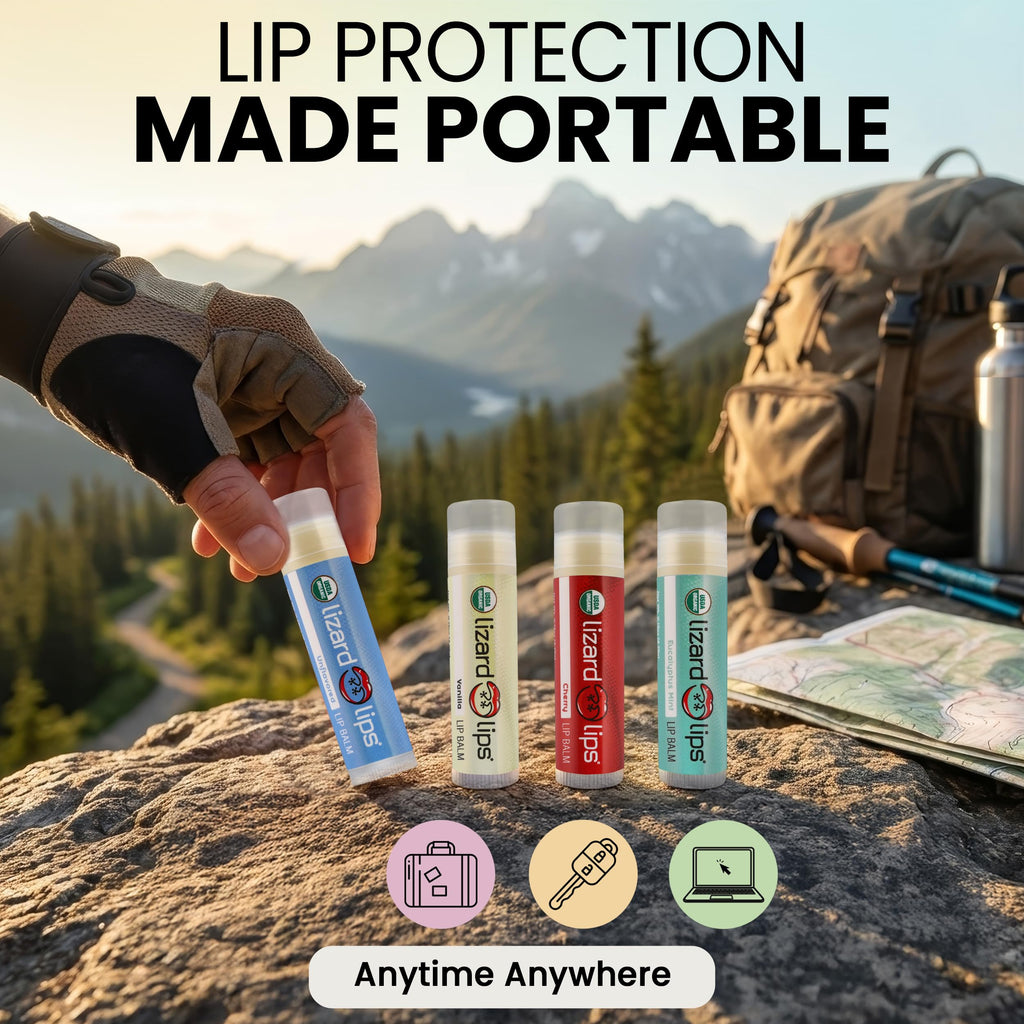 Lizard Lips USDA Organic Lip Balm Set of 4 – Vanilla, Cherry, Unflavored, Eucalyptus Mint | Travel‑Friendly Lip Care
