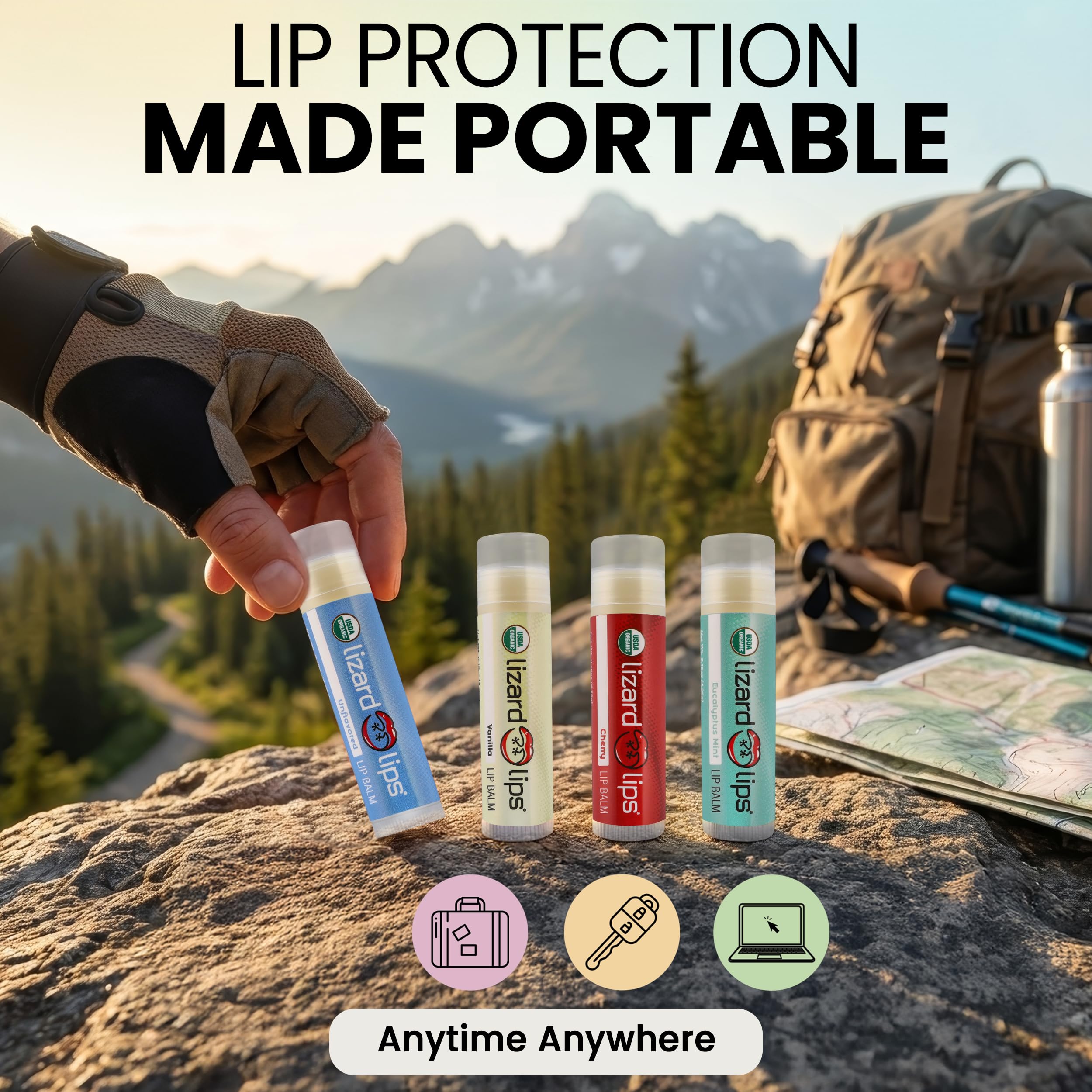 Lizard Lips USDA Organic Lip Balm Set of 4 – Vanilla, Cherry, Unflavored, Eucalyptus Mint | Travel‑Friendly Lip Care