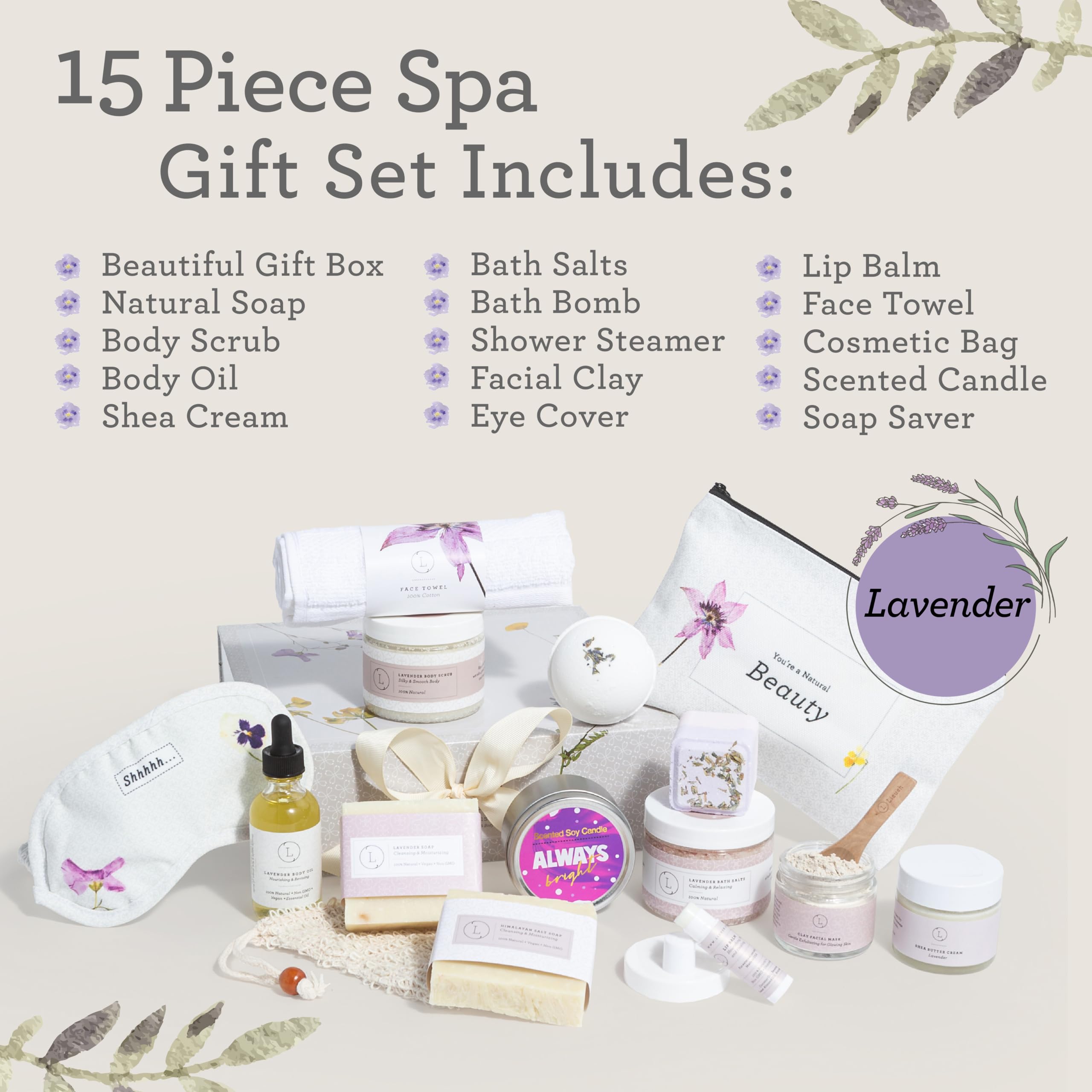 Lizush Luxury Lavender Spa Gift Set for Women – 15-Piece Body Care Kit, Handmade in the USA