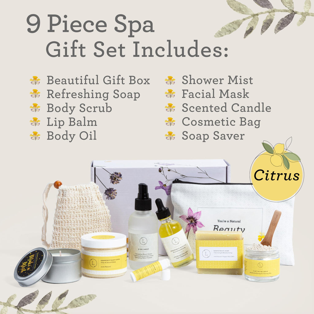 Lizush Luxury Citrus Spa Gift Set for Women - 9-Piece Self-Care Gift Box, Handmade in the USA