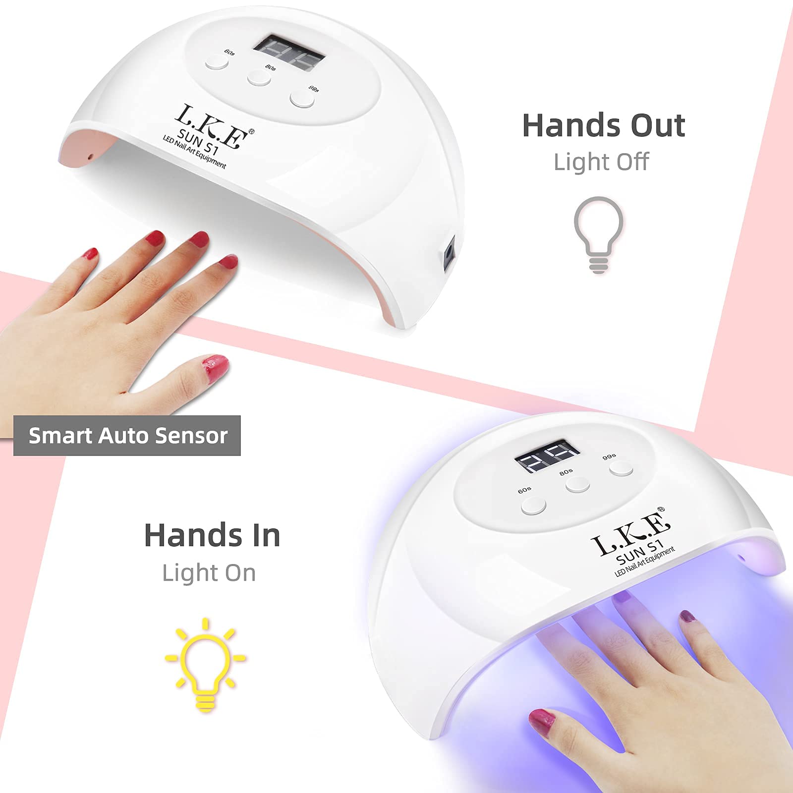 LKE UV LED Nail Lamp 72W – Gel Polish Curing, 3 Timers, Smart Sensor, White