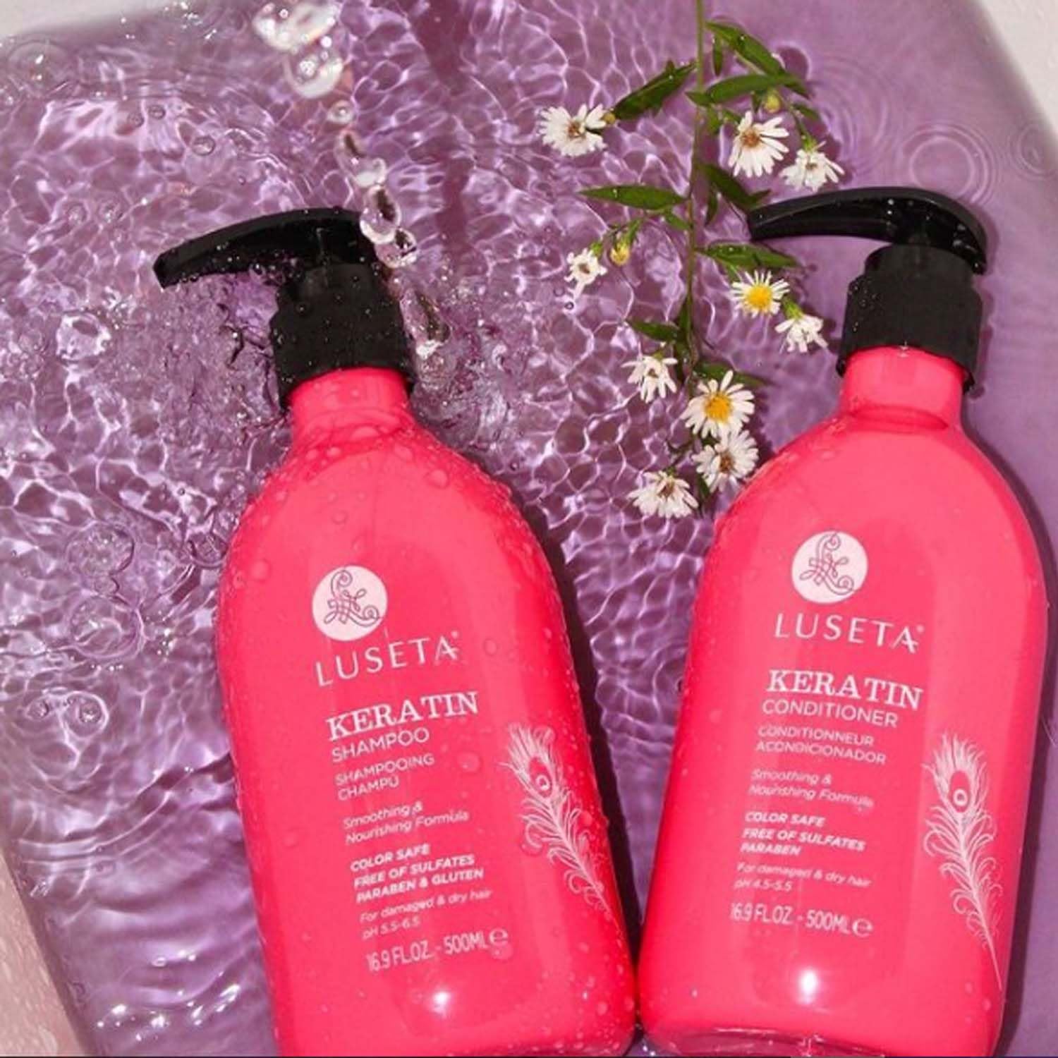L LUSETA Keratin Shampoo Set – Color-Treated Hair Care with Keratin & Argan Oil (2x16.9 oz + 2x1.01 oz)
