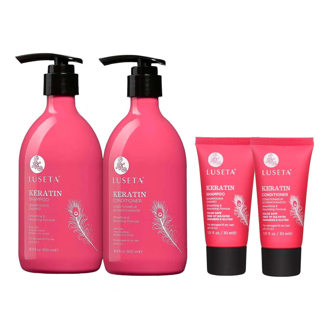 L LUSETA Keratin Shampoo Set – Color-Treated Hair Care with Keratin & Argan Oil (2x16.9 oz + 2x1.01 oz)