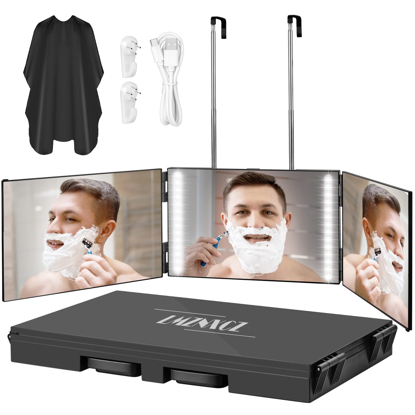 LMZNXCZ LED 3-Way Mirror for Self Hair Cutting | 360° View, Portable Tri-Fold with Telescoping Hooks