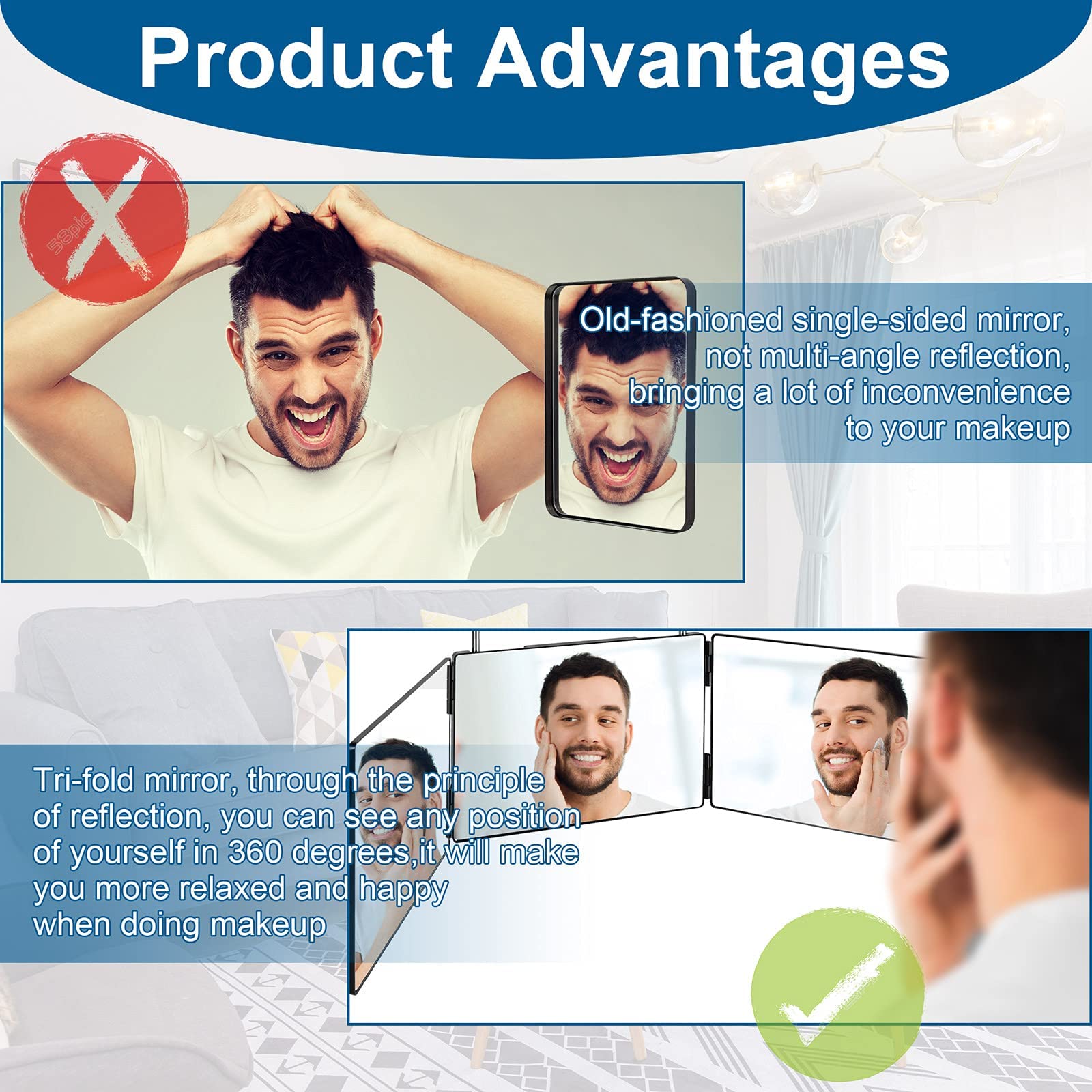 LMZNXCZ LED 3-Way Mirror for Self Hair Cutting | 360° View, Portable Tri-Fold with Telescoping Hooks