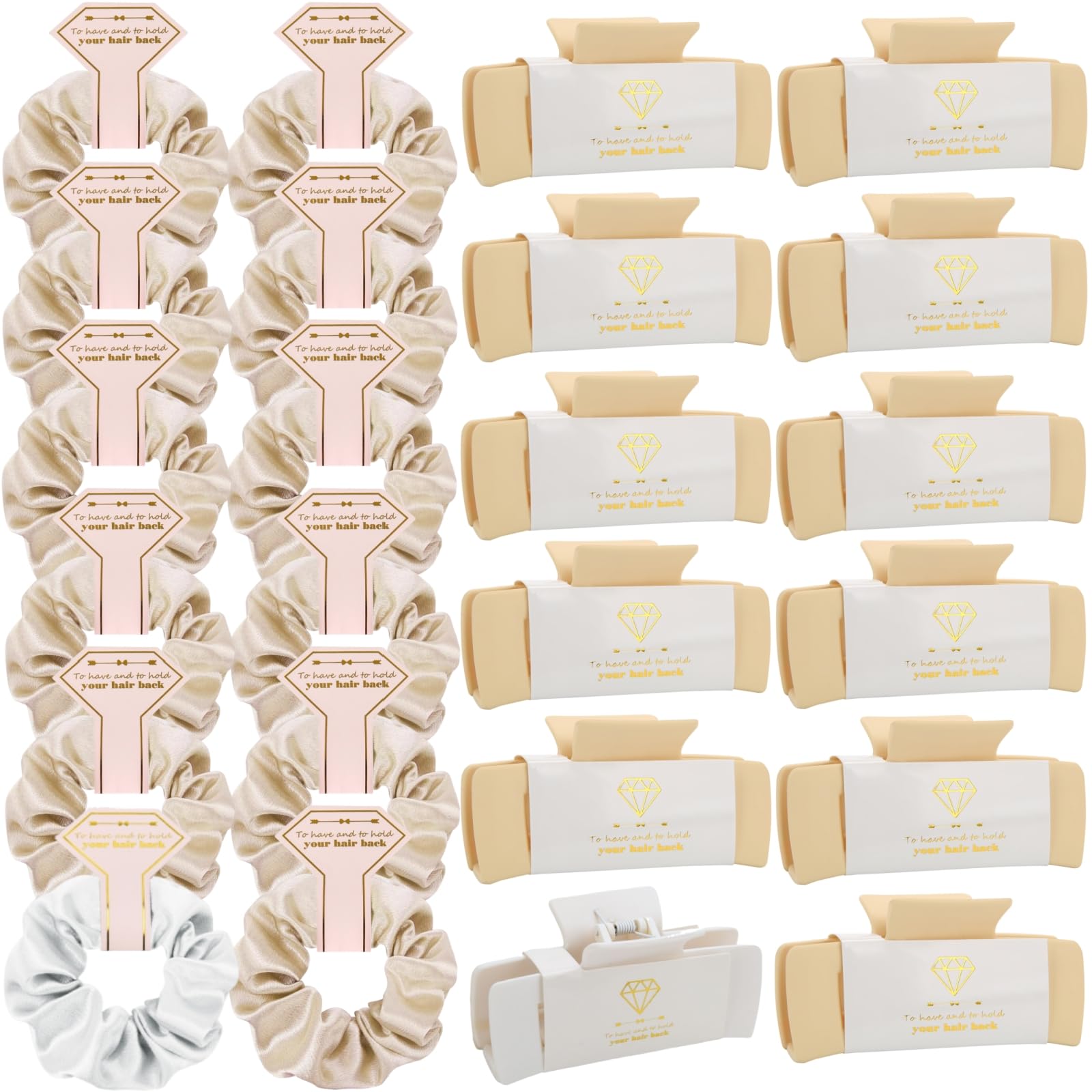 Loanzeg Bridesmaid Hair Claws & Scrunchies Set – 8 Claws + 8 Scrunchies, White & Champagne, Bridal Shower & Wedding Favors