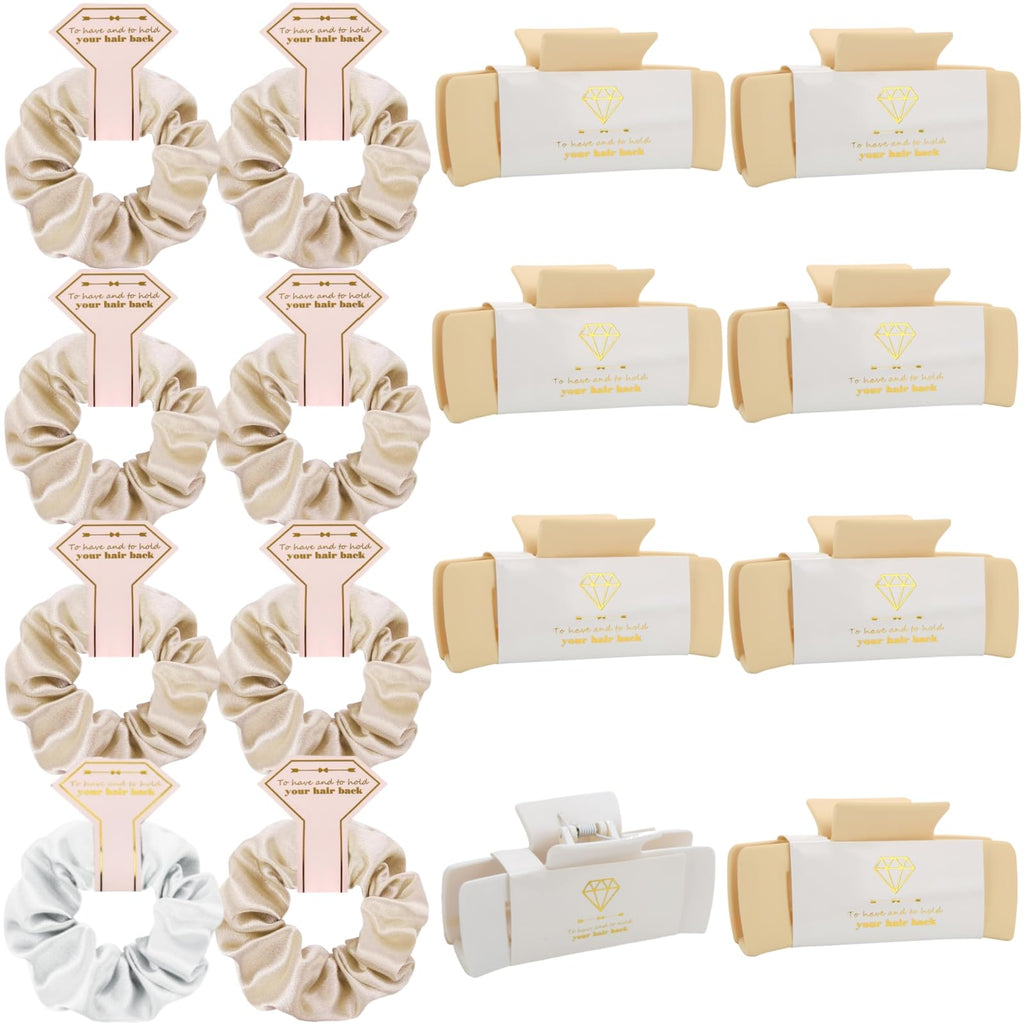 Loanzeg Bridesmaid Scrunchies & Clips Gift Set – 16 Pieces, 4.1 Inch Square Hair Claws, White & Champagne