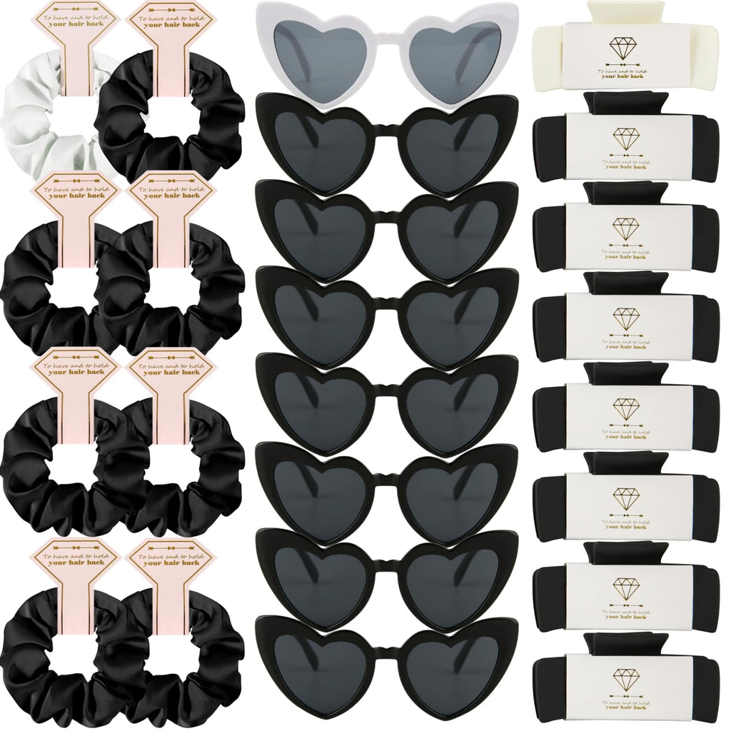 Loanzeg Bridesmaid Scrunchies & Hair Clips Set – 24-Piece White & Black Gift Kit for Bridal Shower and Wedding Parties