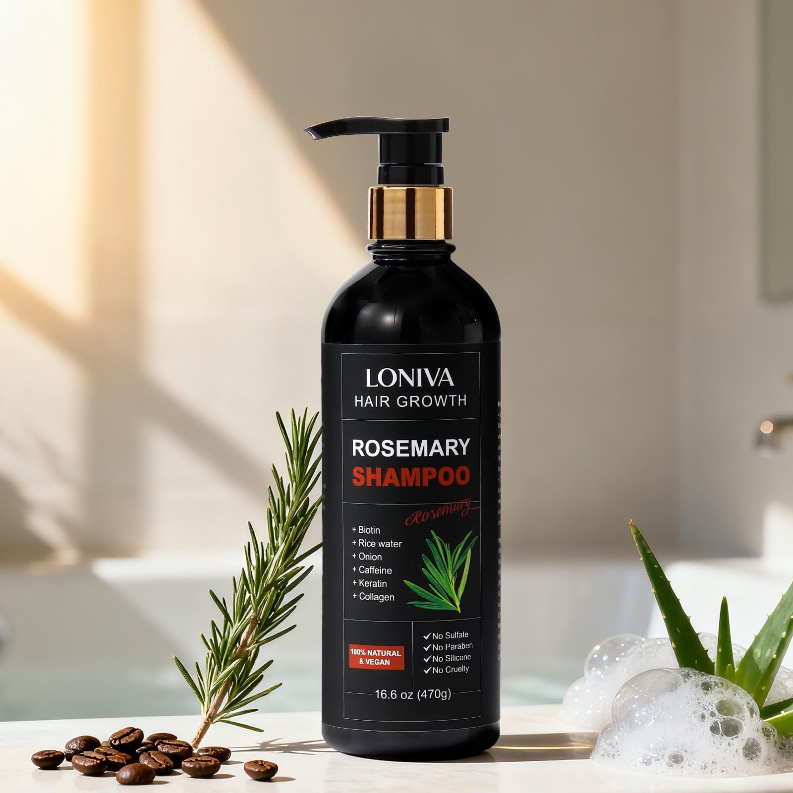 LONIVA Rosemary Hair Growth Shampoo – All-Natural Vegan Formula (16.6 oz)