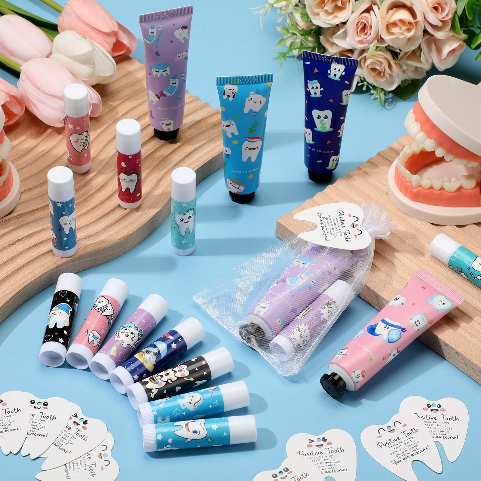 Loopeer 24-Set Dental Hygiene Gift Set — Hand Cream, Lip Balm, Cards & Organza Bags