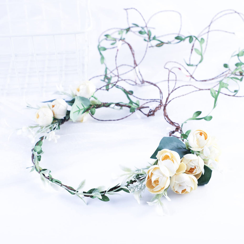 Lopsity Rose Floral Crown Headband – Adjustable White Wedding Hair Wreath