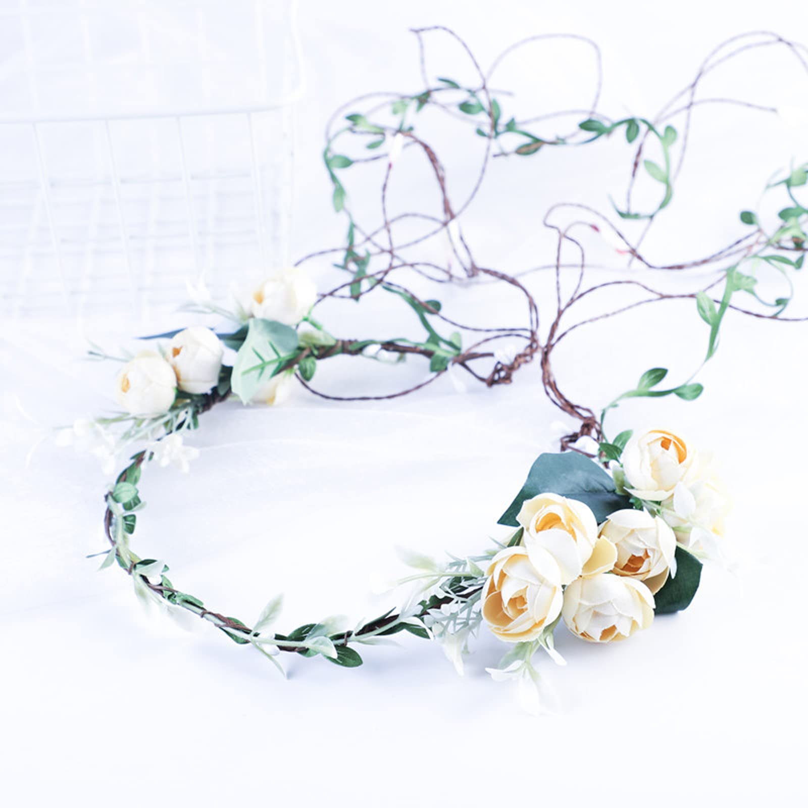 Lopsity Rose Floral Crown Headband – Adjustable White Wedding Hair Wreath