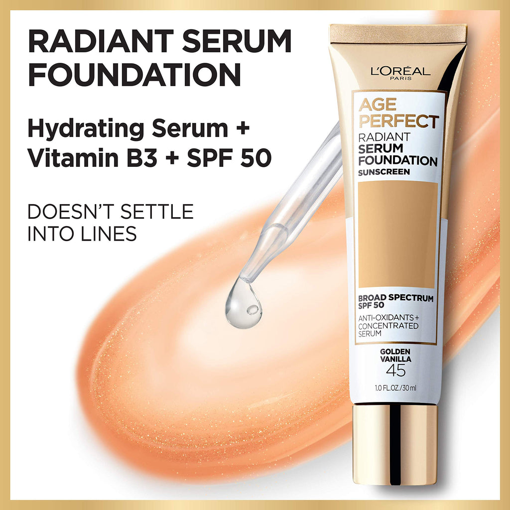 L'Oreal Paris Age Perfect Radiant Serum Foundation SPF 50 – Beige Rose, 1 fl oz
