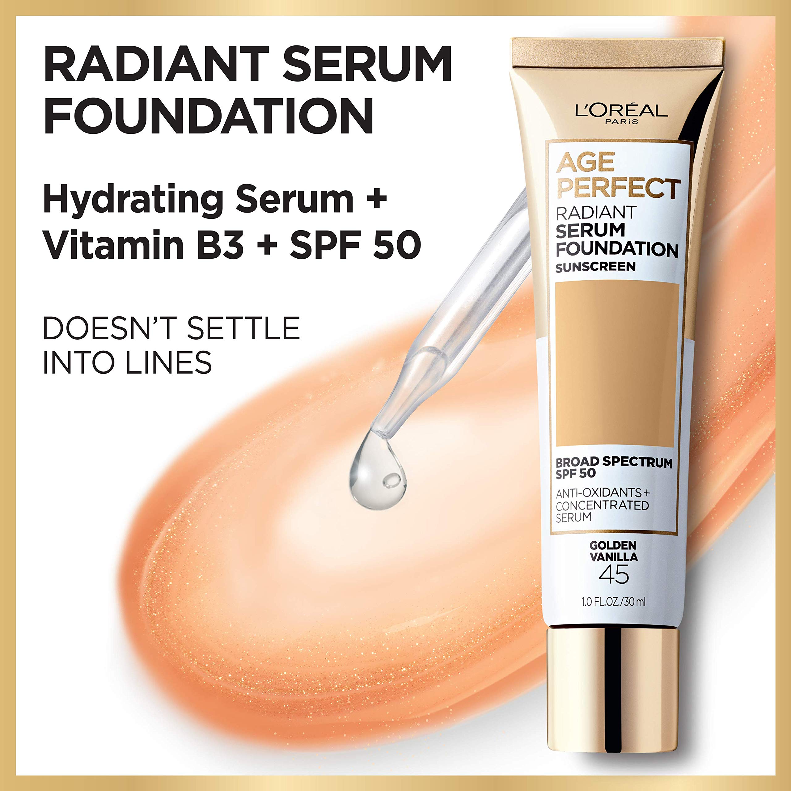 L'Oreal Paris Age Perfect Radiant Serum Foundation SPF 50 – Beige Rose, 1 fl oz