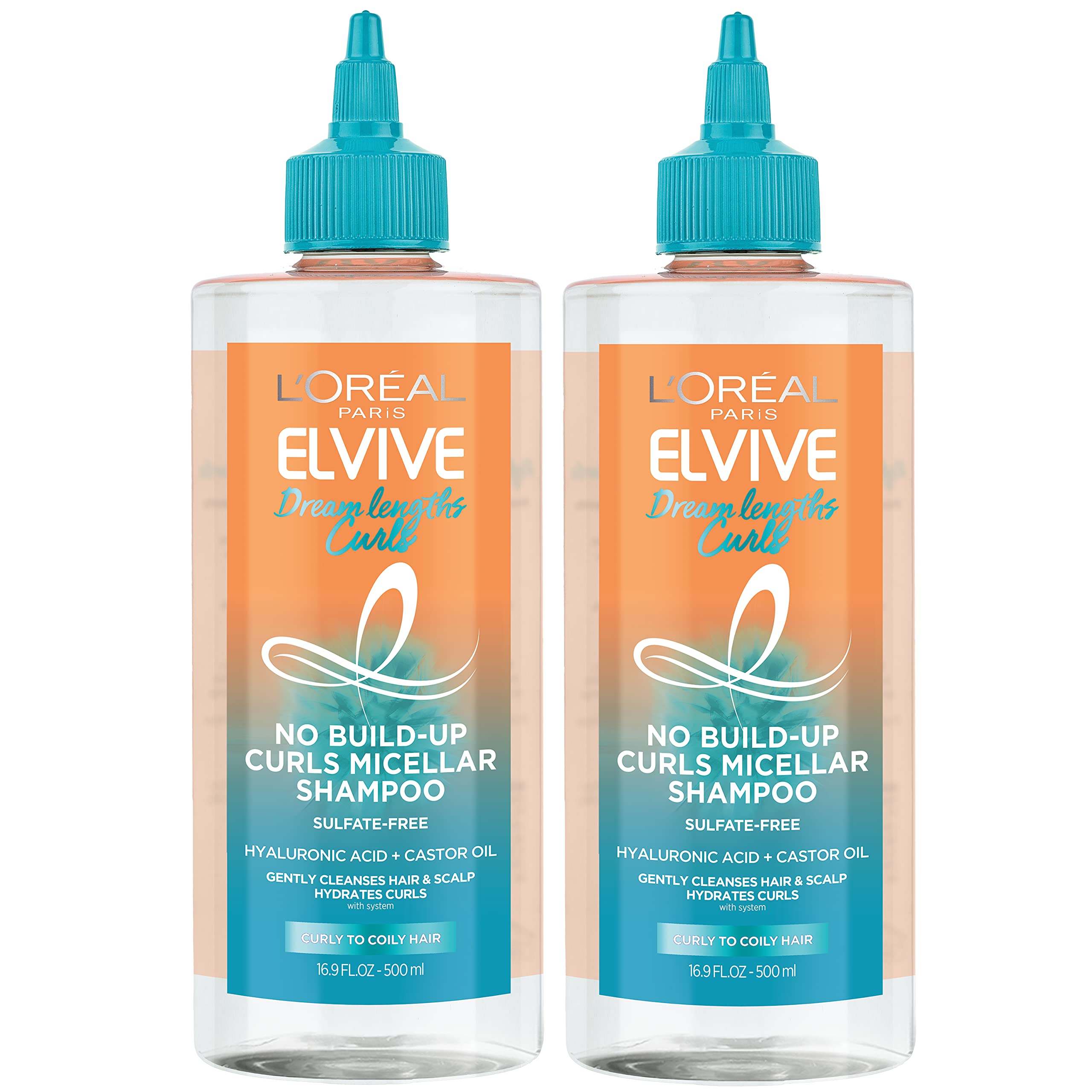 L'Oreal Paris Elvive Dream Lengths Curls Micellar Shampoo – No Build-Up, Hyaluronic Acid & Castor Oil | 2-Pack 33.8 fl oz