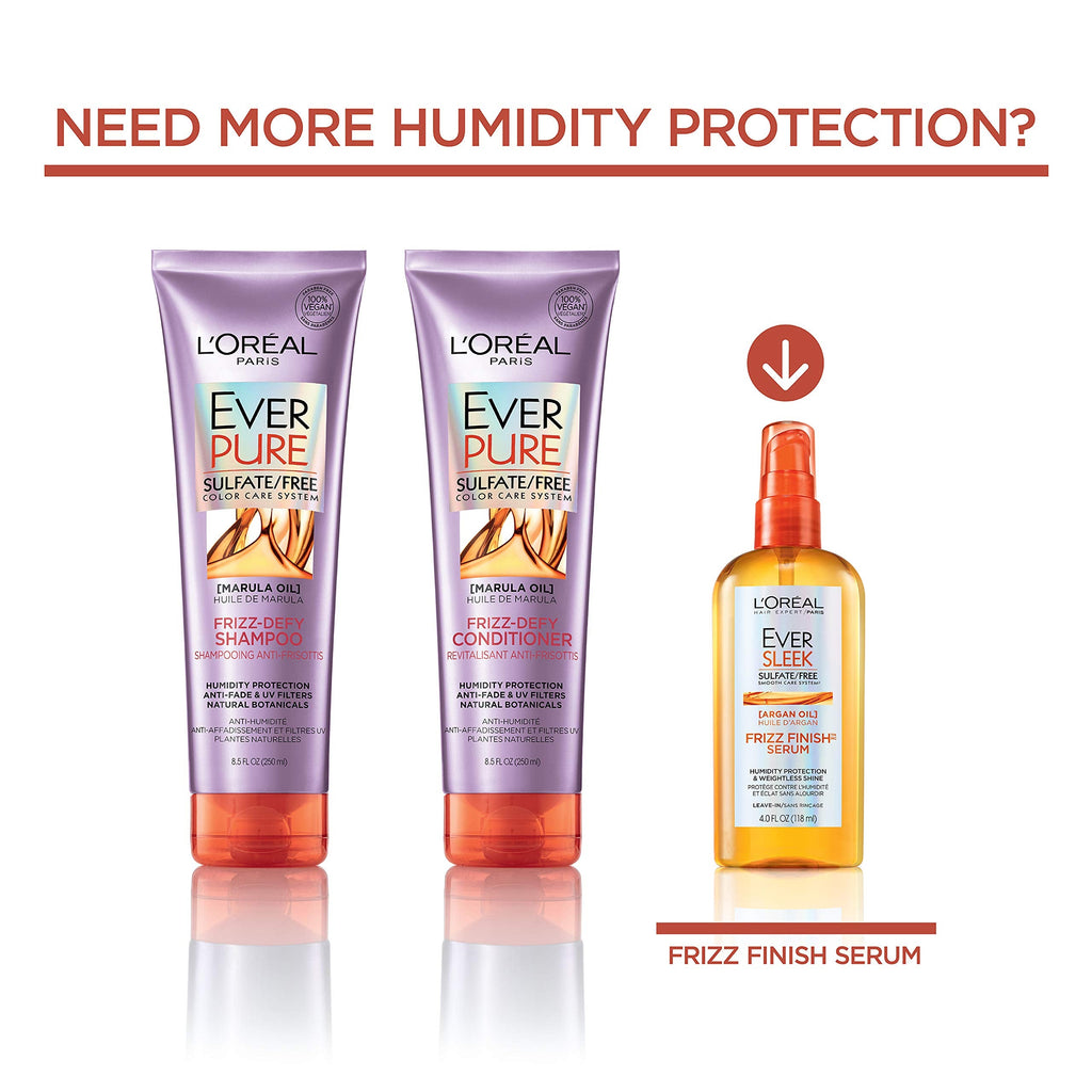 L'Oreal Paris EverPure Frizz-Defy Shampoo with Marula Oil – Sulfate Free, Color-Safe, Humidity Protection (2 Count, 8.5 Fl Oz Each)
