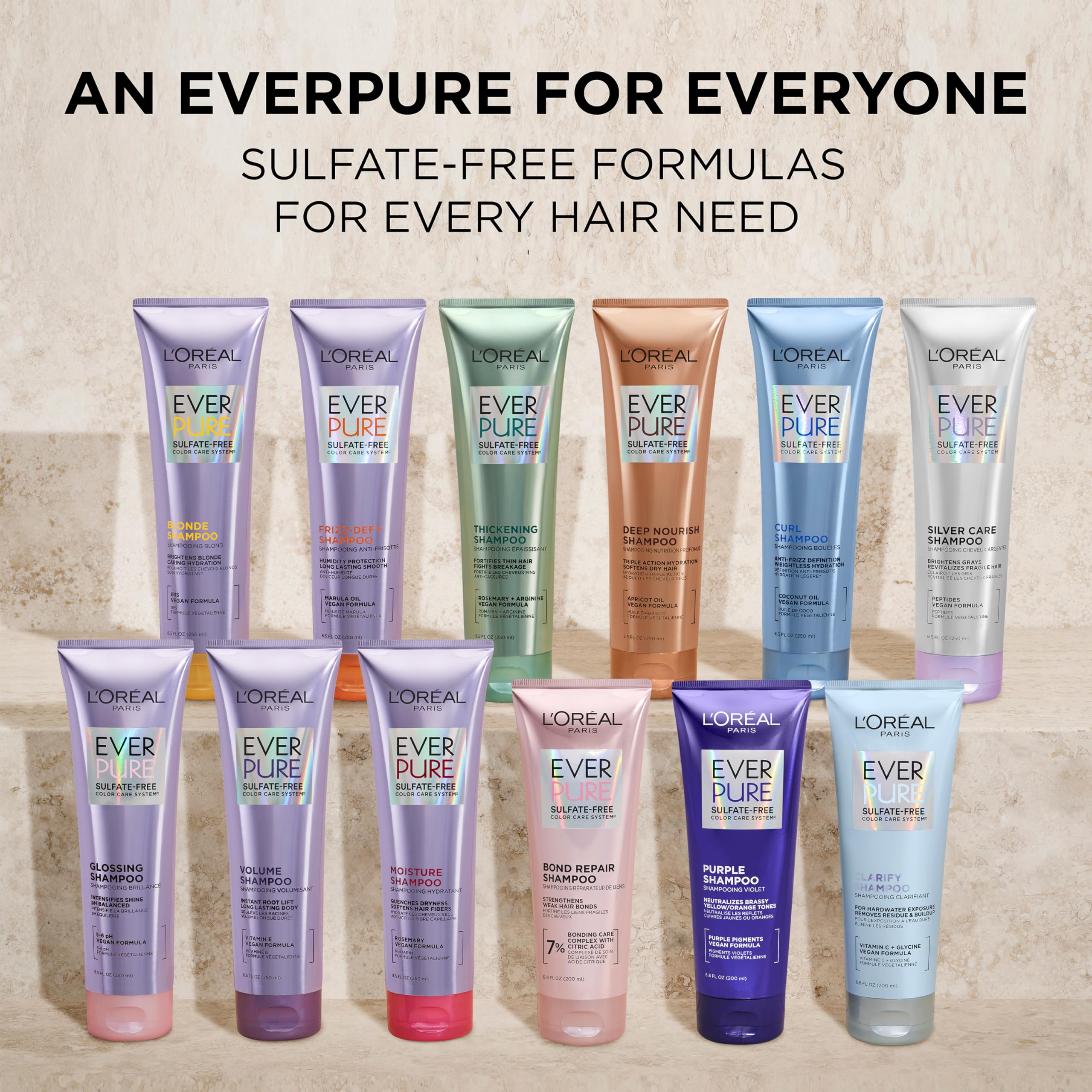 L'Oreal Paris Frizz Defy Shampoo & Conditioner Set with Marula Oil - EverPure, 8.5 Fl Oz, Set of 2 | Frizz Control & Color Safe