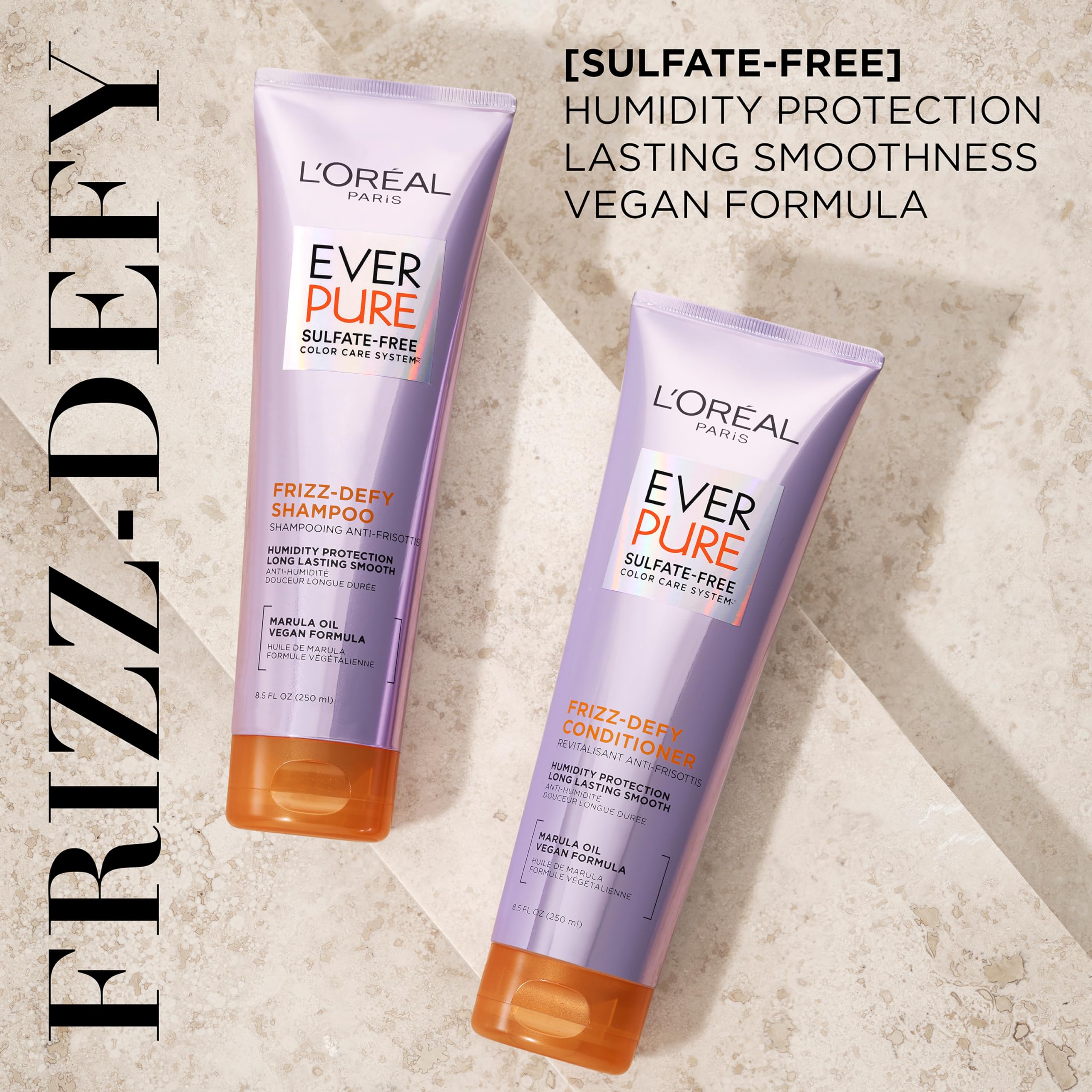 L'Oreal Paris Frizz Defy Shampoo & Conditioner Set with Marula Oil - EverPure, 8.5 Fl Oz, Set of 2 | Frizz Control & Color Safe