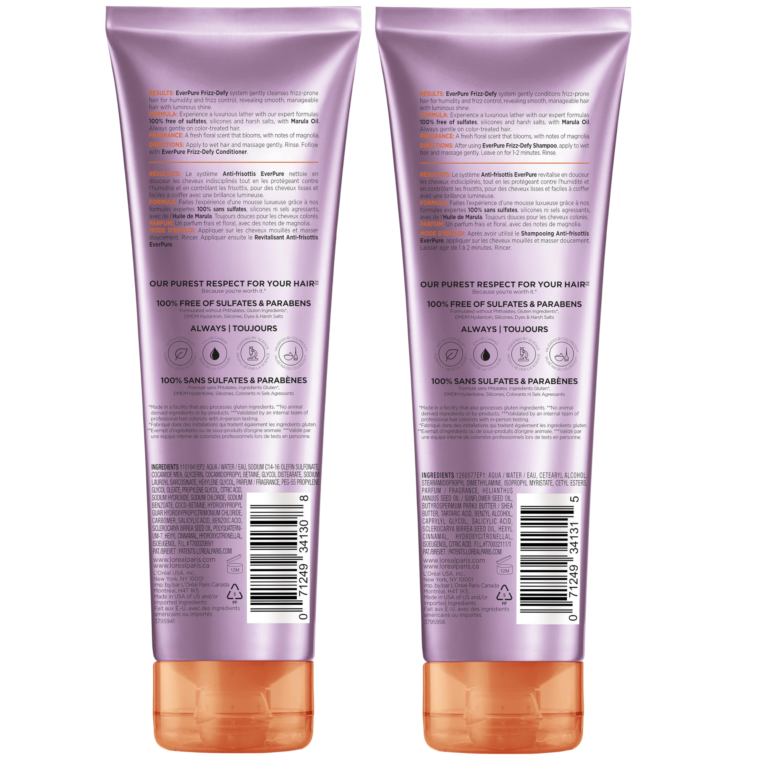 L'Oreal Paris Frizz Defy Shampoo & Conditioner Set with Marula Oil - EverPure, 8.5 Fl Oz, Set of 2 | Frizz Control & Color Safe