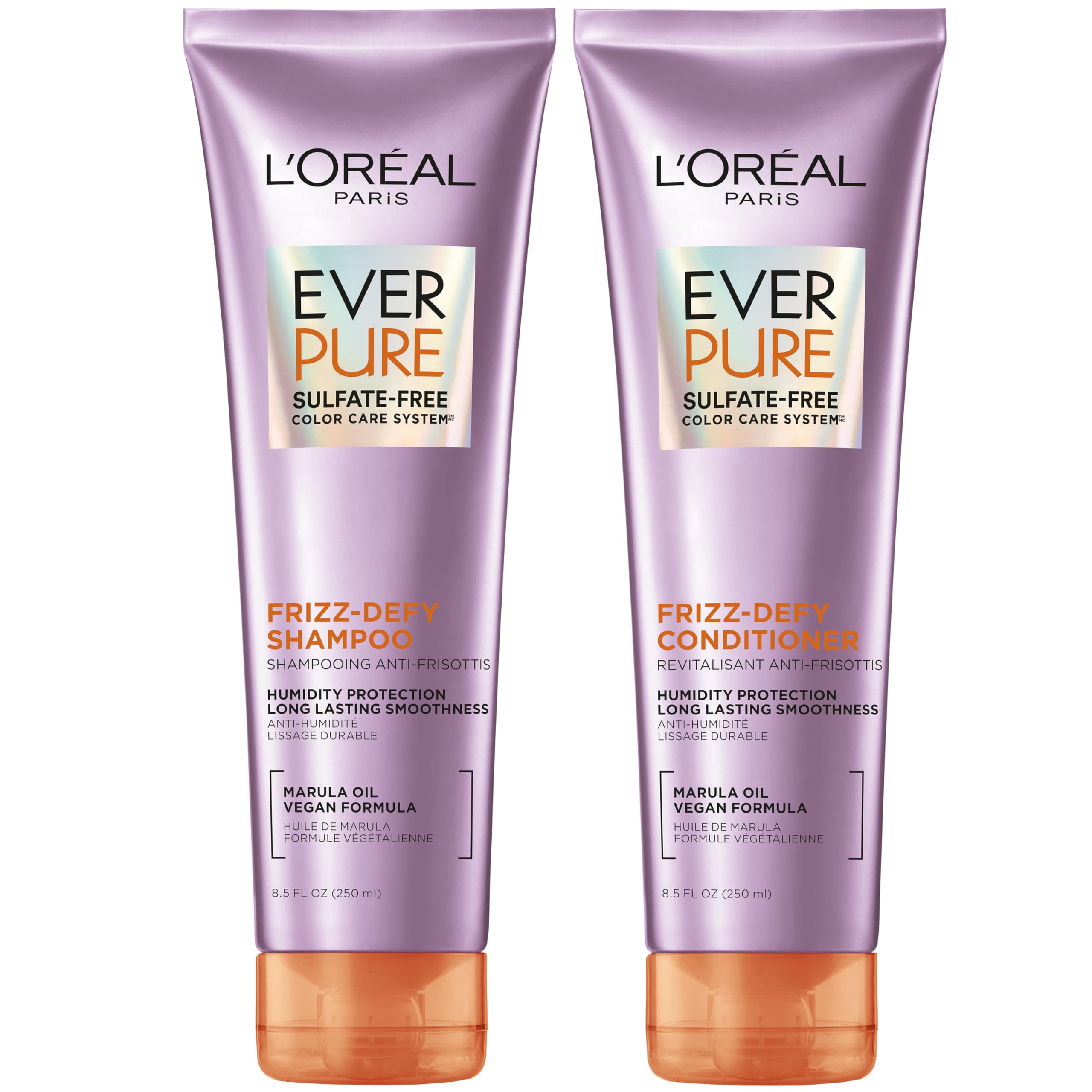 L'Oreal Paris Frizz Defy Shampoo & Conditioner Set with Marula Oil - EverPure, 8.5 Fl Oz, Set of 2 | Frizz Control & Color Safe