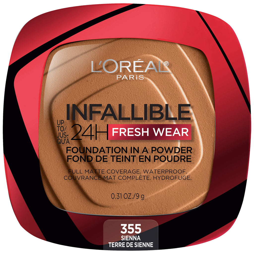 L'Oreal Paris Infallible Fresh Wear Foundation in a Powder – Up to 24H Matte, Waterproof, Sienna 0.31 oz