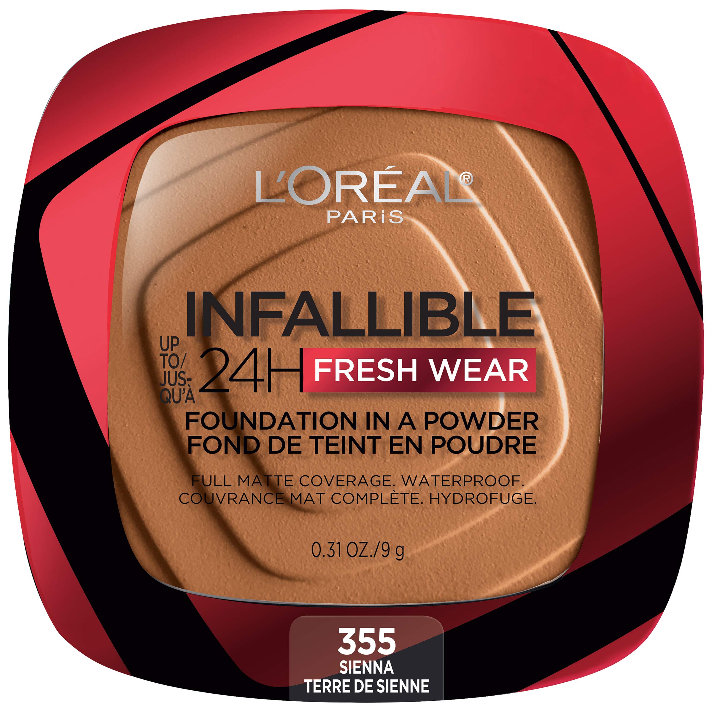 L'Oreal Paris Infallible Fresh Wear Foundation in a Powder – Up to 24H Matte, Waterproof, Sienna 0.31 oz