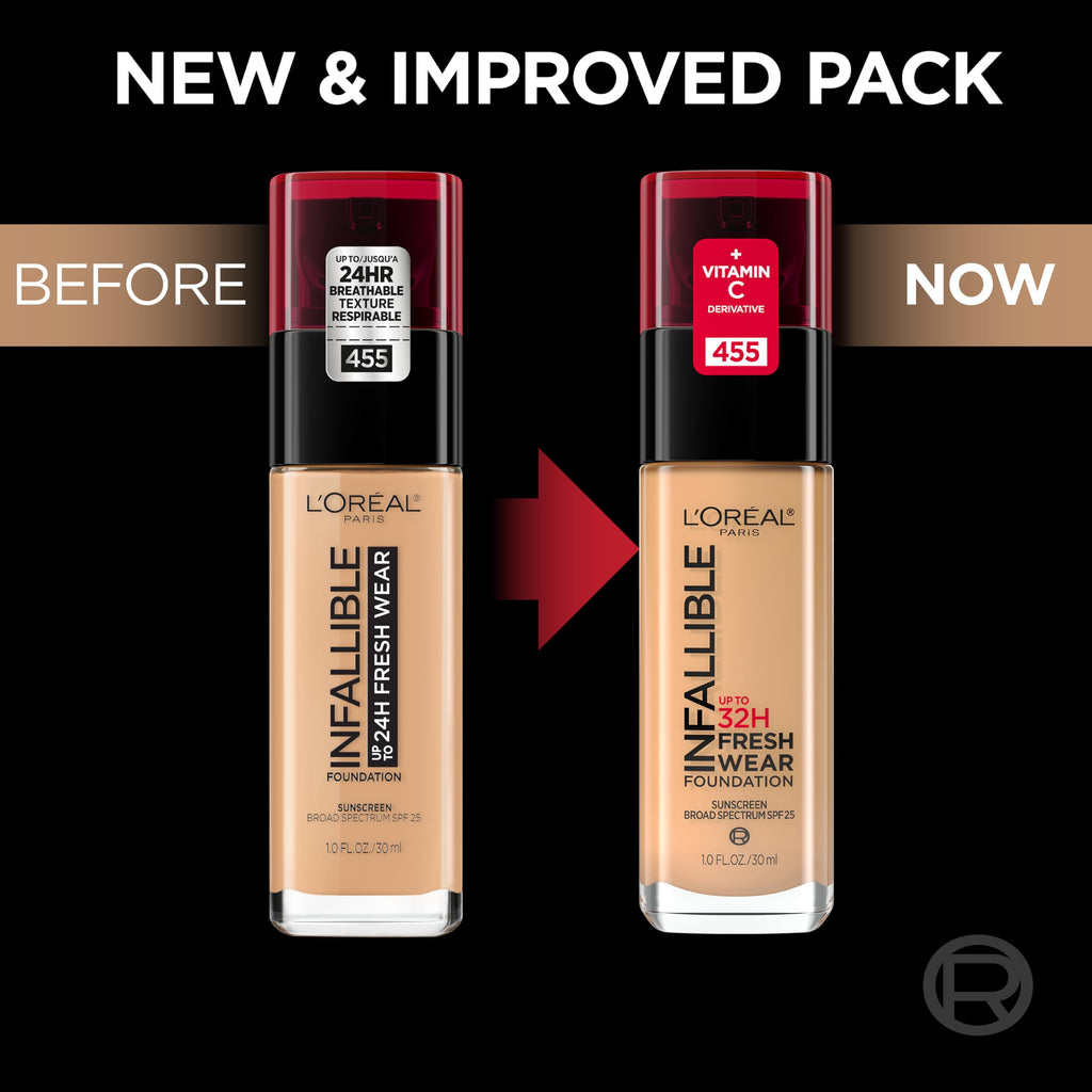 L'Oreal Paris Infallible Fresh Wear Foundation — Up to 32 Hour, Radiant Sand, SPF 25, 1 Fl Oz