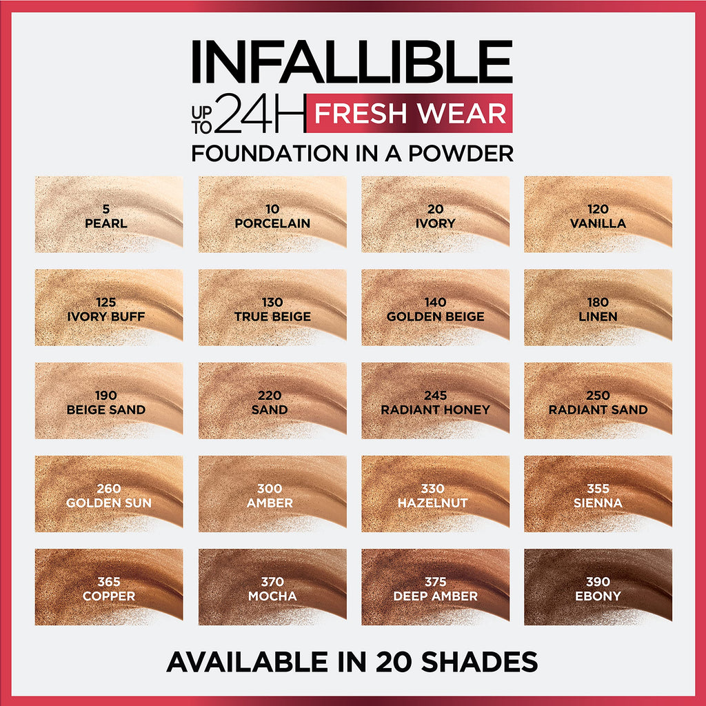 L'Oreal Paris Infallible Fresh Wear Foundation in a Powder – Up to 24H Matte, Waterproof, Sienna 0.31 oz