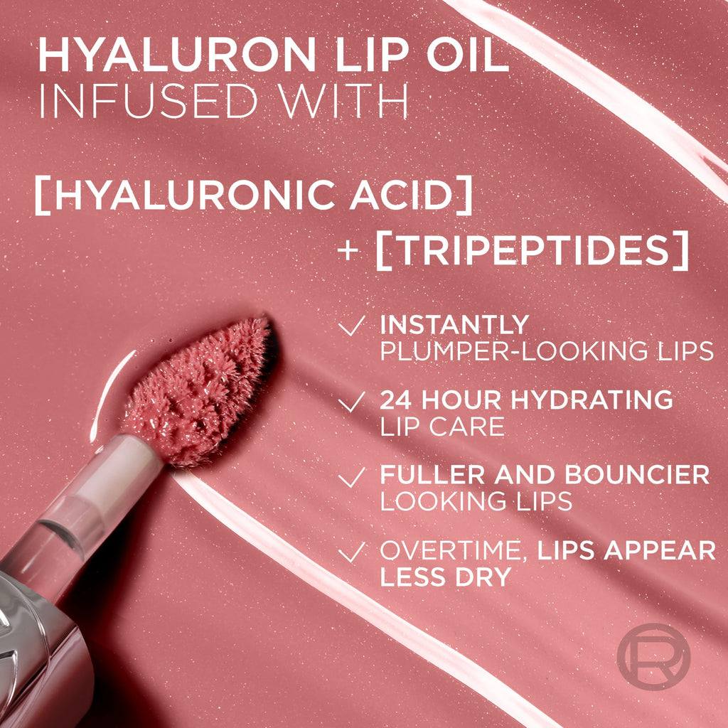 L'Oreal Paris Plump Ambition Hyaluron Lip Oil – 24HR Hydration & Glass Shine, Nude Macaron 650