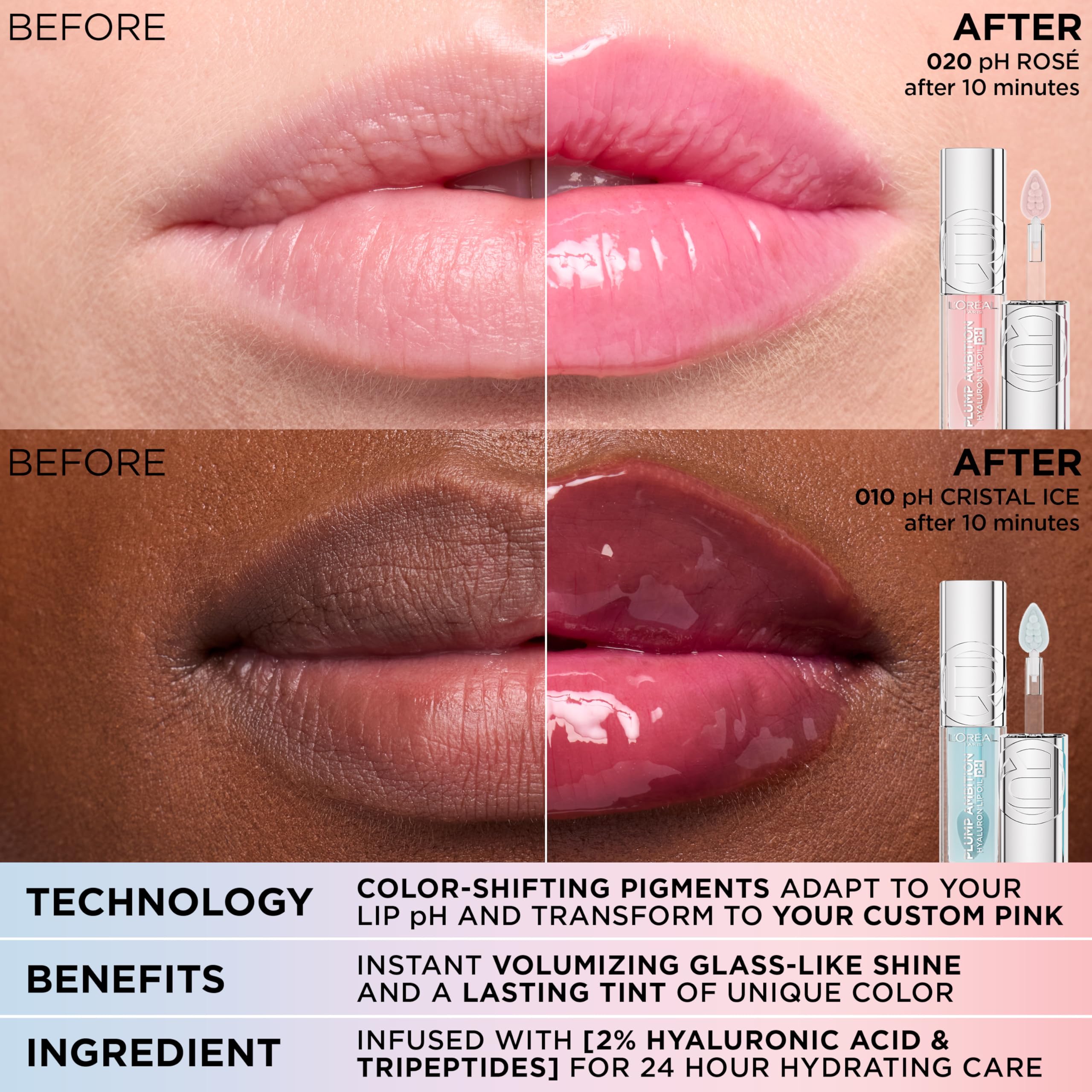 L'Oreal Paris Plump Ambition pH Hyaluron Lip Oil – 24HR Hydration, Color-Changing Shine, 050 Lilac