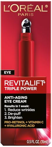 L'Oreal Paris Revitalift Triple Power Anti-Aging Eye Cream, Pro Retinol, Hyaluronic Acid & Vitamin C, 0.5 fl oz