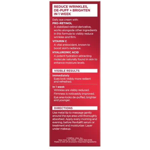 L'Oreal Paris Revitalift Triple Power Anti-Aging Eye Cream, Pro Retinol, Hyaluronic Acid & Vitamin C, 0.5 fl oz