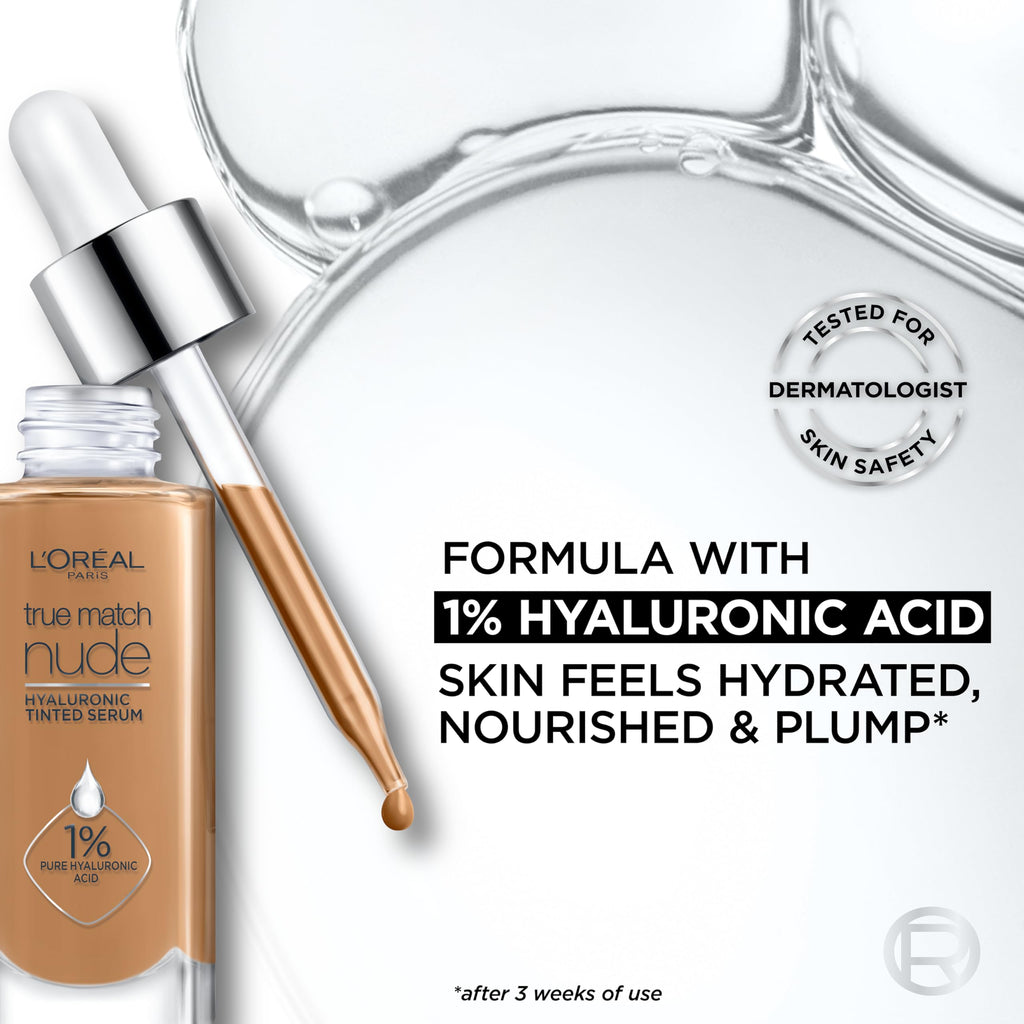 L'Oreal Paris True Match Nude Hyaluronic Serum Foundation – Cool Deep 7.5-8.5 (1% HA) | Hydrating Tint