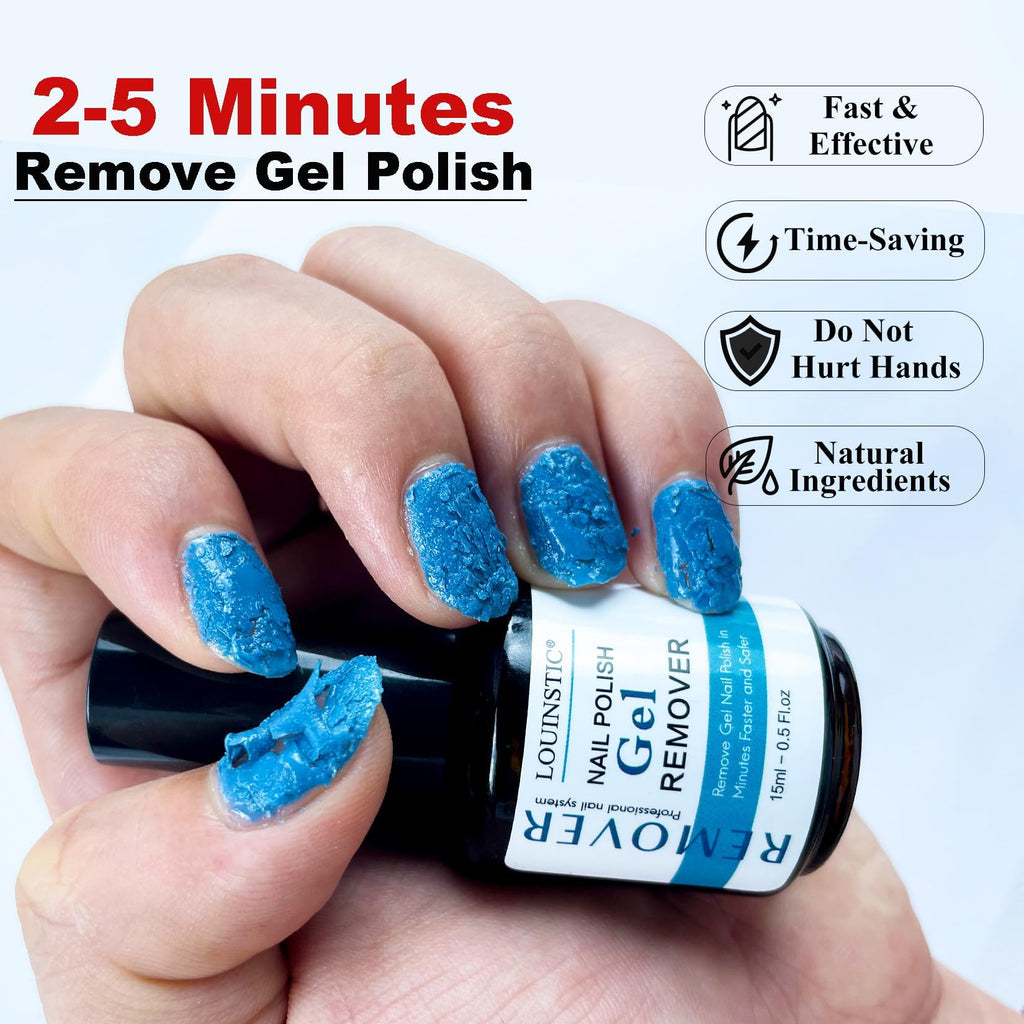 Louinstic Gel Polish Remover Kit – 45ml, Fast 2–5 Minute Gel Removal, Acetone-Free & Gentle, Includes 3 Bottles + 2 Files