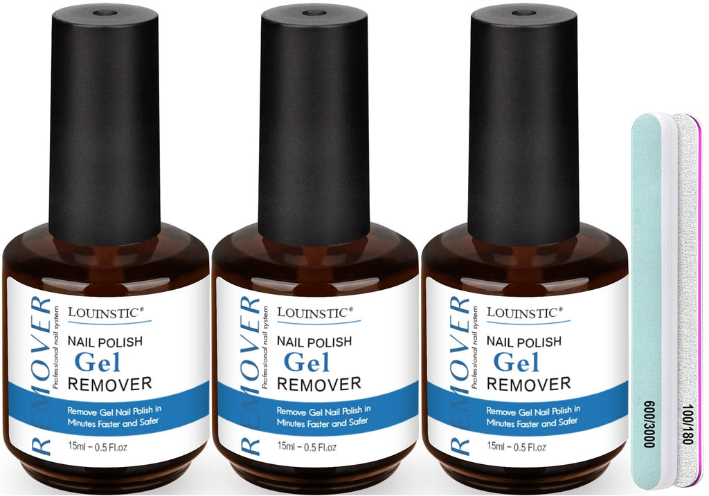 Louinstic Gel Polish Remover Kit – 45ml, Fast 2–5 Minute Gel Removal, Acetone-Free & Gentle, Includes 3 Bottles + 2 Files