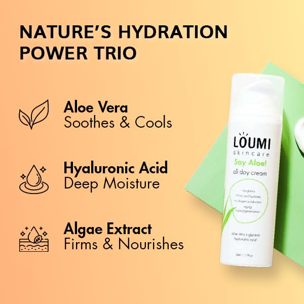 LOUMI Skincare Say Aloe All-Day Face Cream | Aloe Vera + Hyaluronic Acid Hydration | Vegan & Cruelty-Free