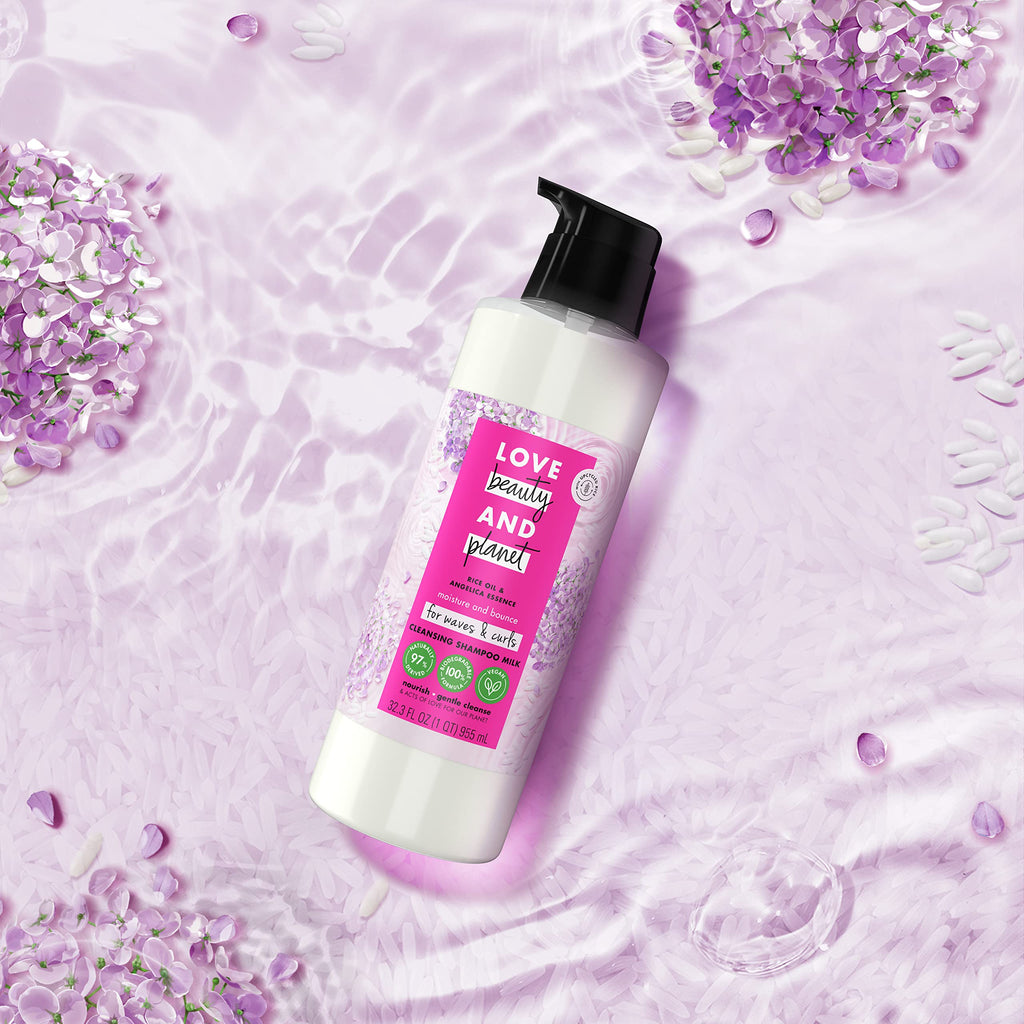Love Beauty and Planet Shampoo Milk Moisture & Bounce for Waves & Curls – Rice Oil & Angelica Essence, 100% Biodegradable, 32 oz
