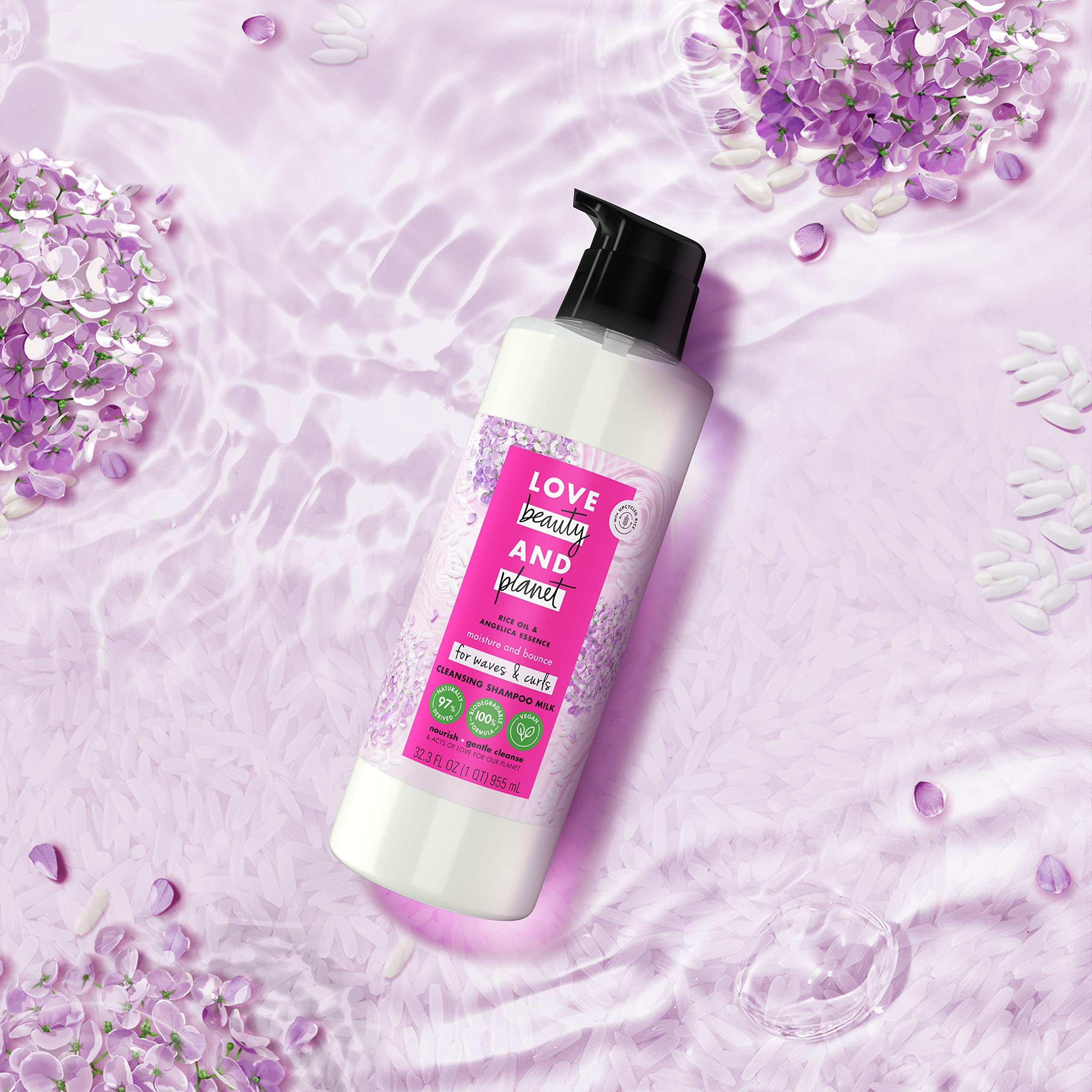 Love Beauty and Planet Shampoo Milk Moisture & Bounce for Waves & Curls – Rice Oil & Angelica Essence, 100% Biodegradable, 32 oz