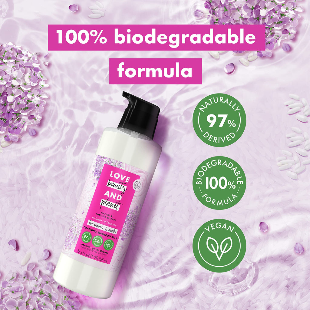 Love Beauty and Planet Shampoo Milk Moisture & Bounce for Waves & Curls – Rice Oil & Angelica Essence, 100% Biodegradable, 32 oz