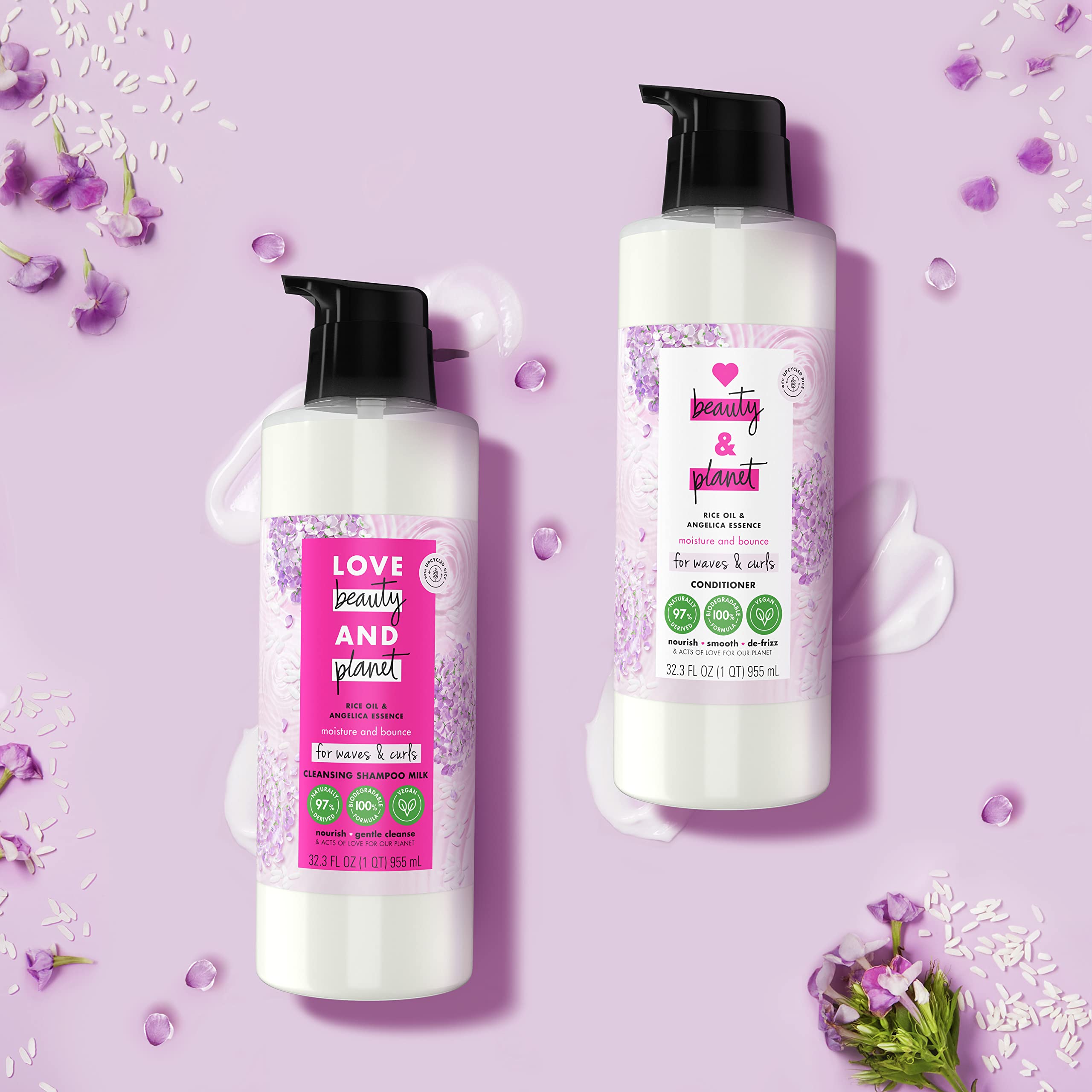 Love Beauty and Planet Shampoo Milk Moisture & Bounce for Waves & Curls – Rice Oil & Angelica Essence, 100% Biodegradable, 32 oz