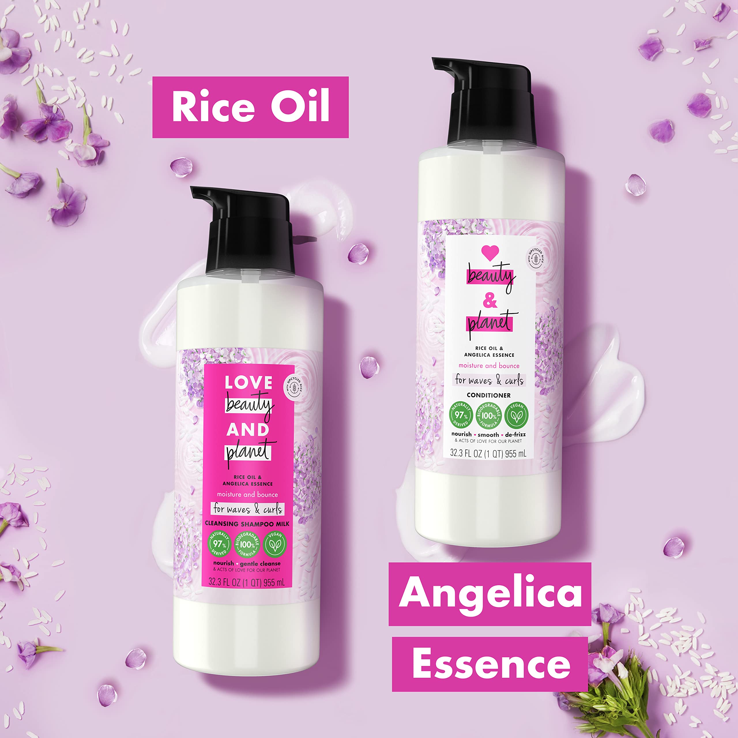 Love Beauty and Planet Shampoo Milk Moisture & Bounce for Waves & Curls – Rice Oil & Angelica Essence, 100% Biodegradable, 32 oz