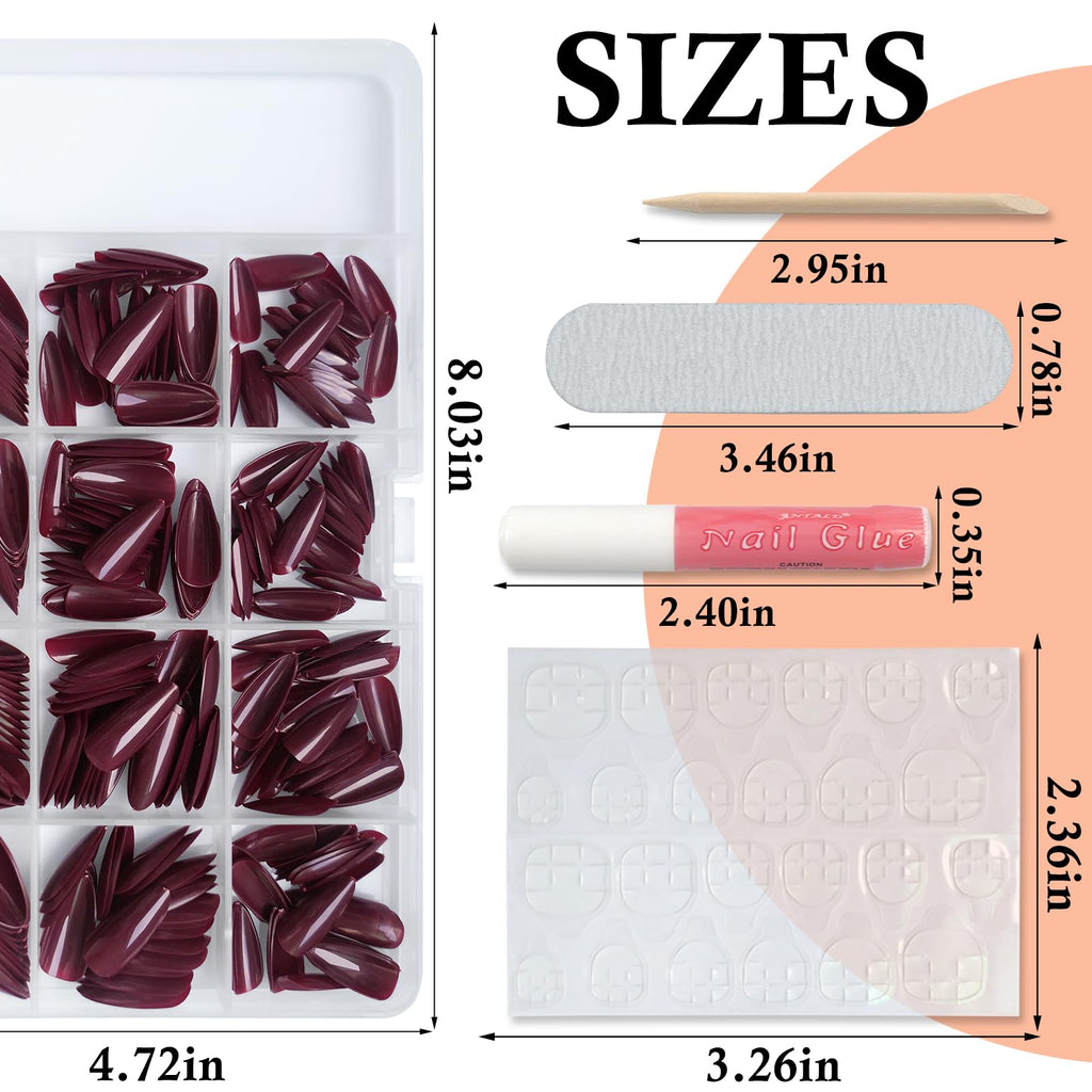 LoveOurHome 360pc Burgundy Almond Press On Nails – Medium Short Kit with Glue Tabs & Nail Glue
