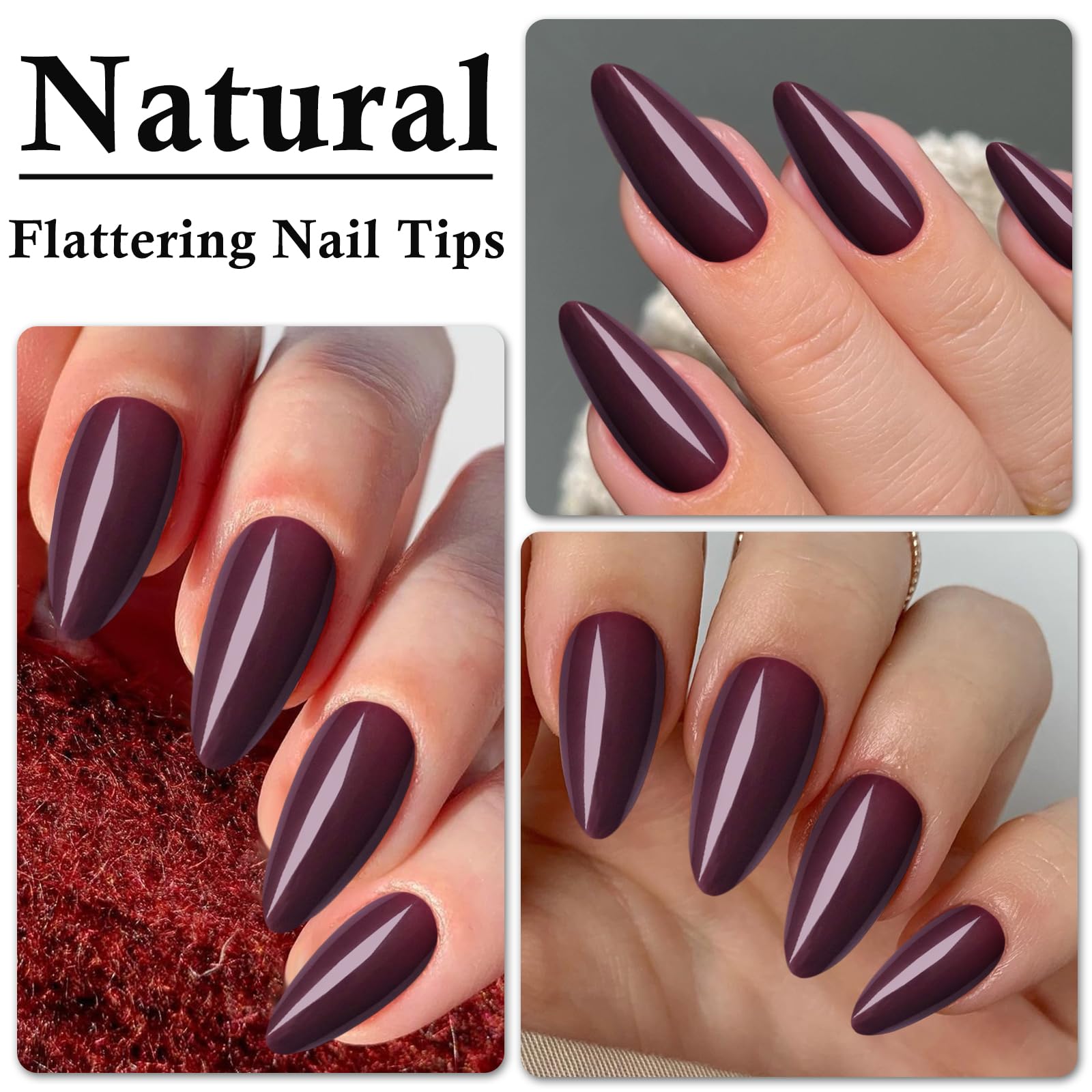 LoveOurHome 360pc Burgundy Almond Press On Nails – Medium Short Kit with Glue Tabs & Nail Glue