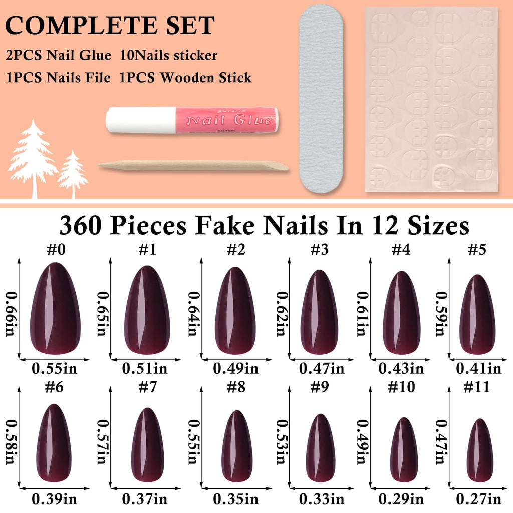 LoveOurHome 360pc Burgundy Almond Press On Nails – Medium Short Kit with Glue Tabs & Nail Glue