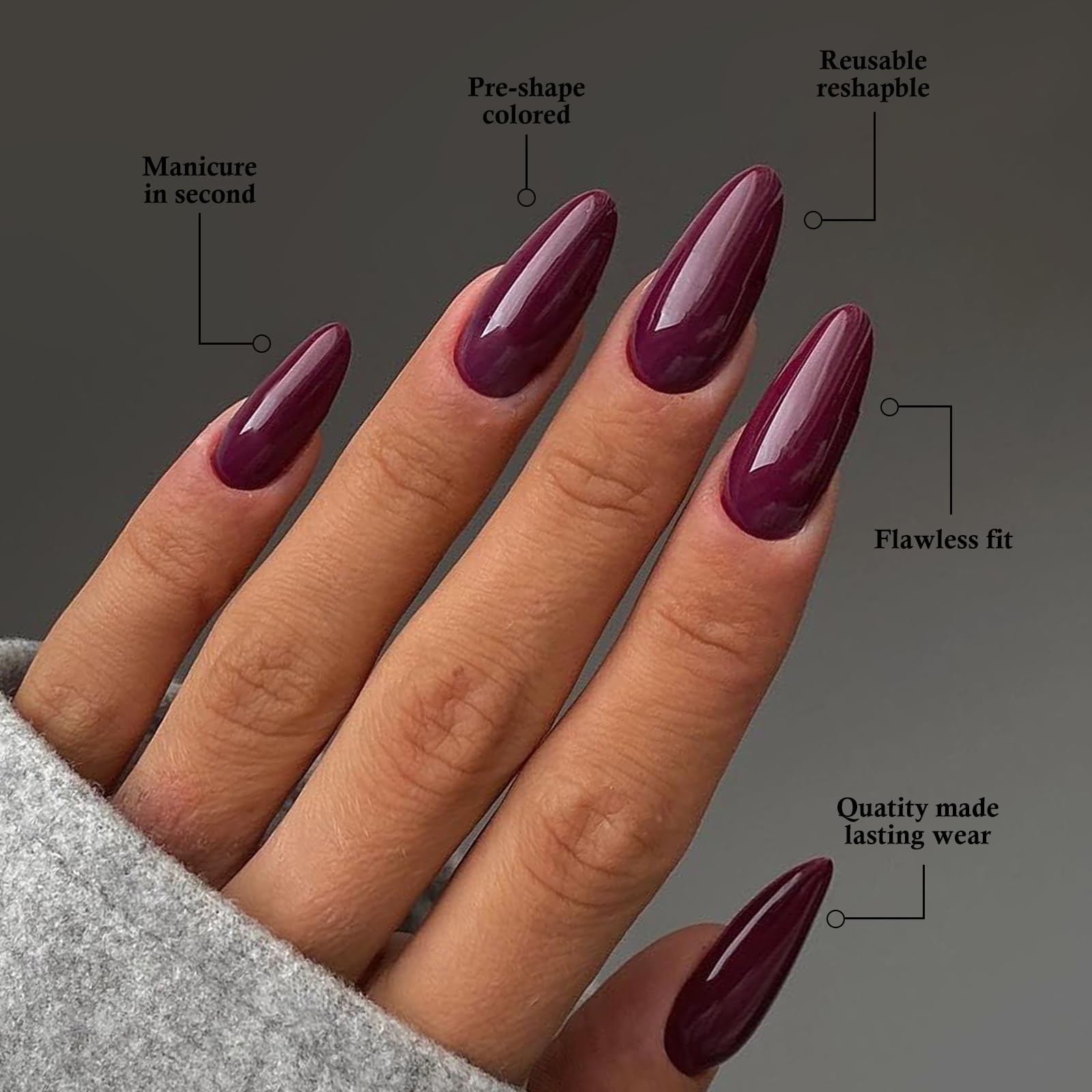 LoveOurHome 360pc Burgundy Almond Press On Nails – Medium Short Kit with Glue Tabs & Nail Glue