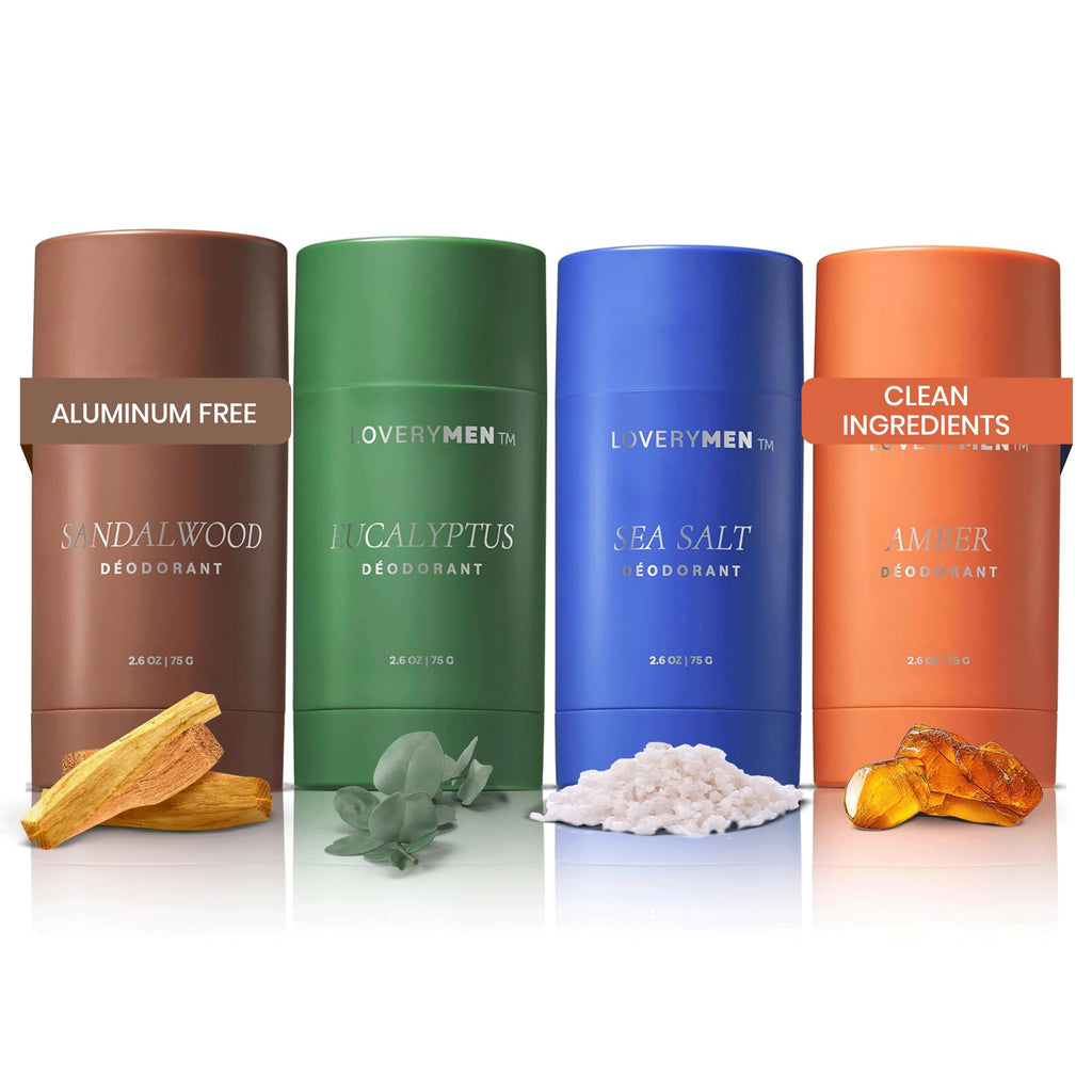 LOVERY Aluminum-Free Deodorant 4-Pack for Men – Long-Lasting Odor Protection – Amber, Sea Salt, Eucalyptus & Sandalwood